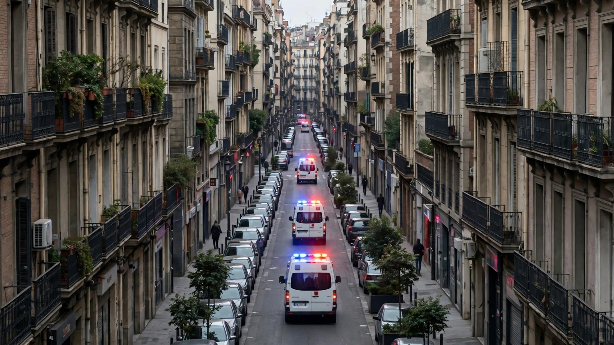 Ambulances with flashing lights driving down a narrow city street.
