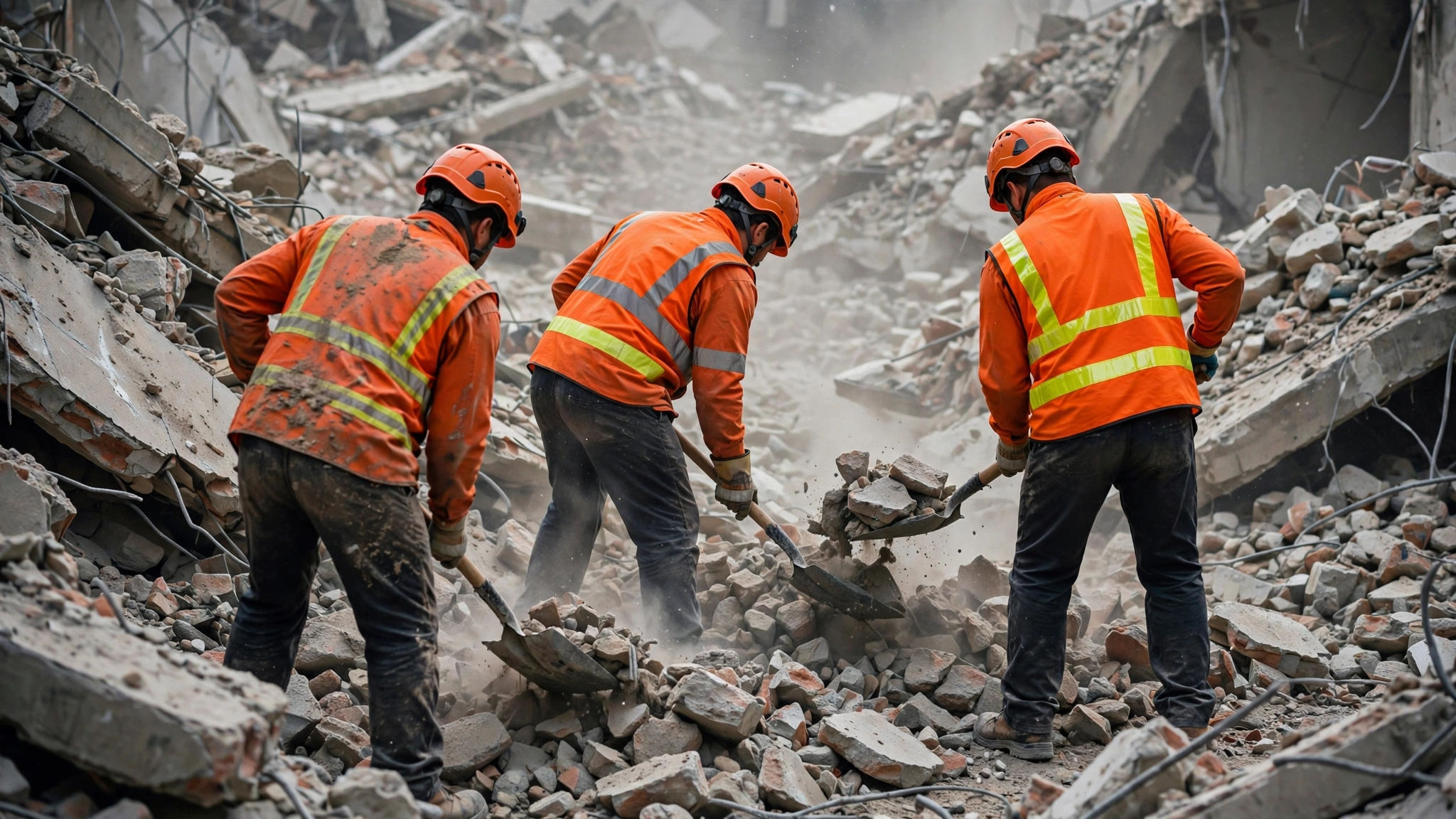 Rescue workers in orange helmets and high-visibility vests clearing concrete rubble with shovels.