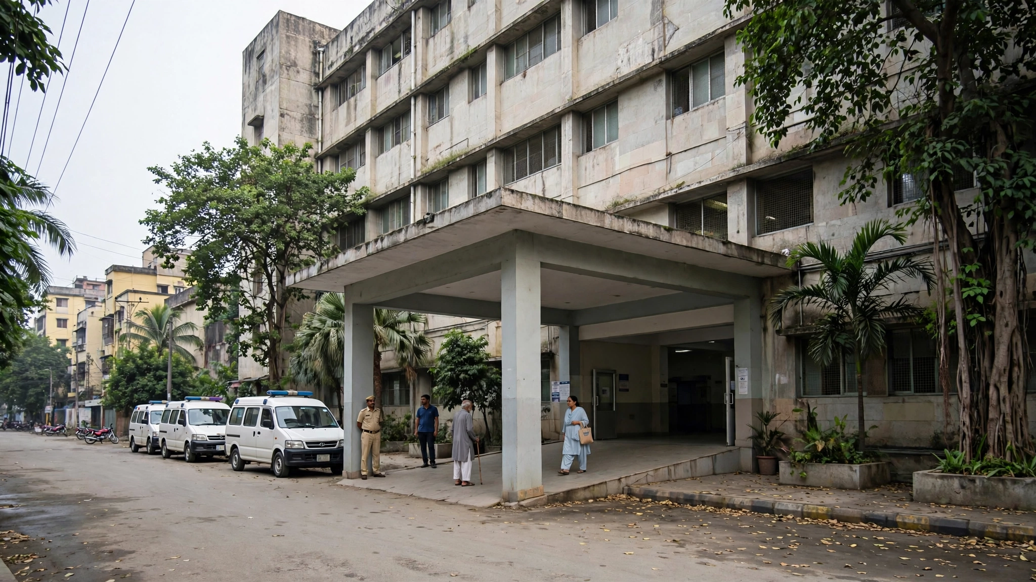 Ambulances parked outside the entrance of a large public hospital building.