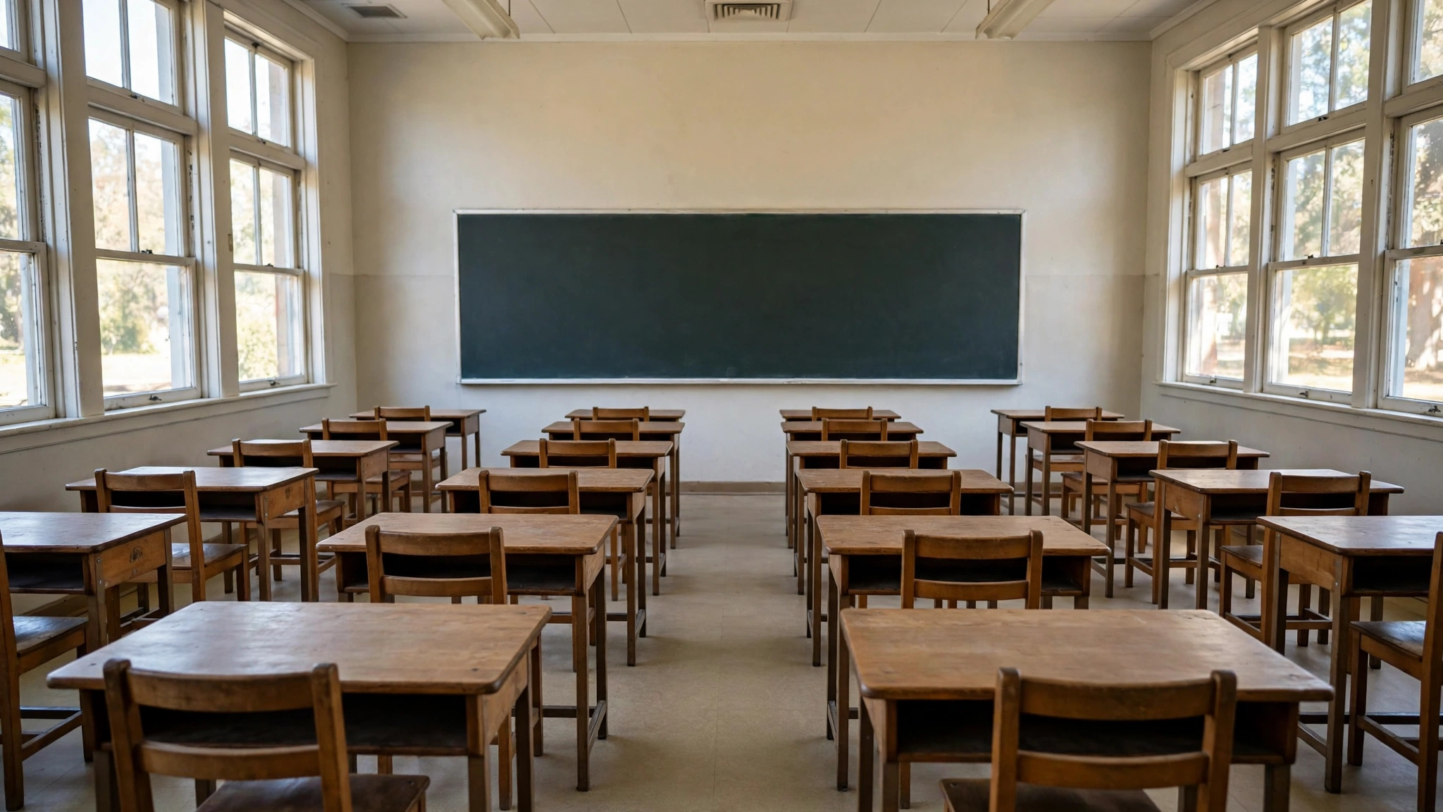 An empty classroom with wooden desks and chairs in rows and a blank chalkboard.