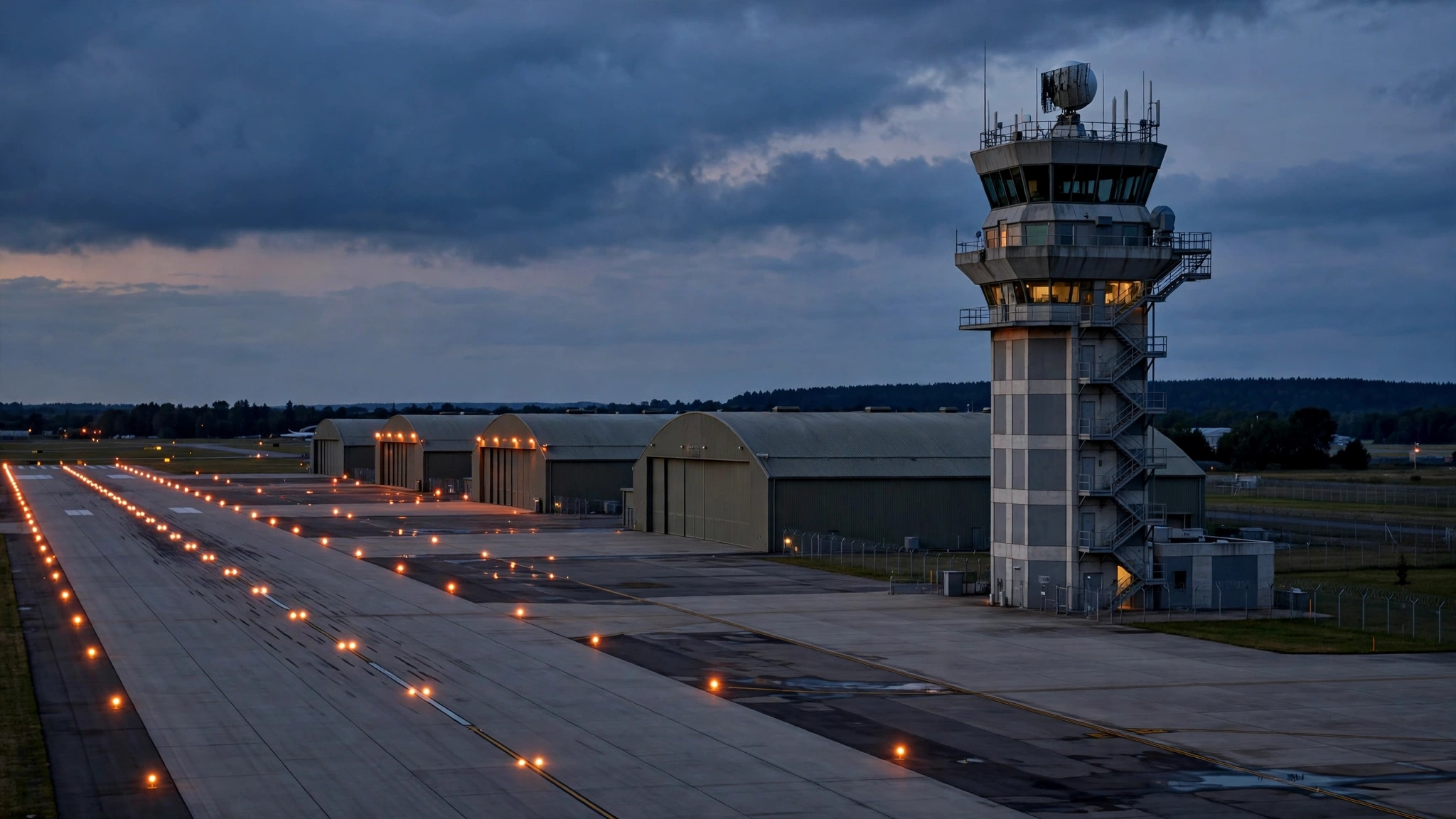 An air base control tower and hangars beside a runway lit with orange lights at dusk