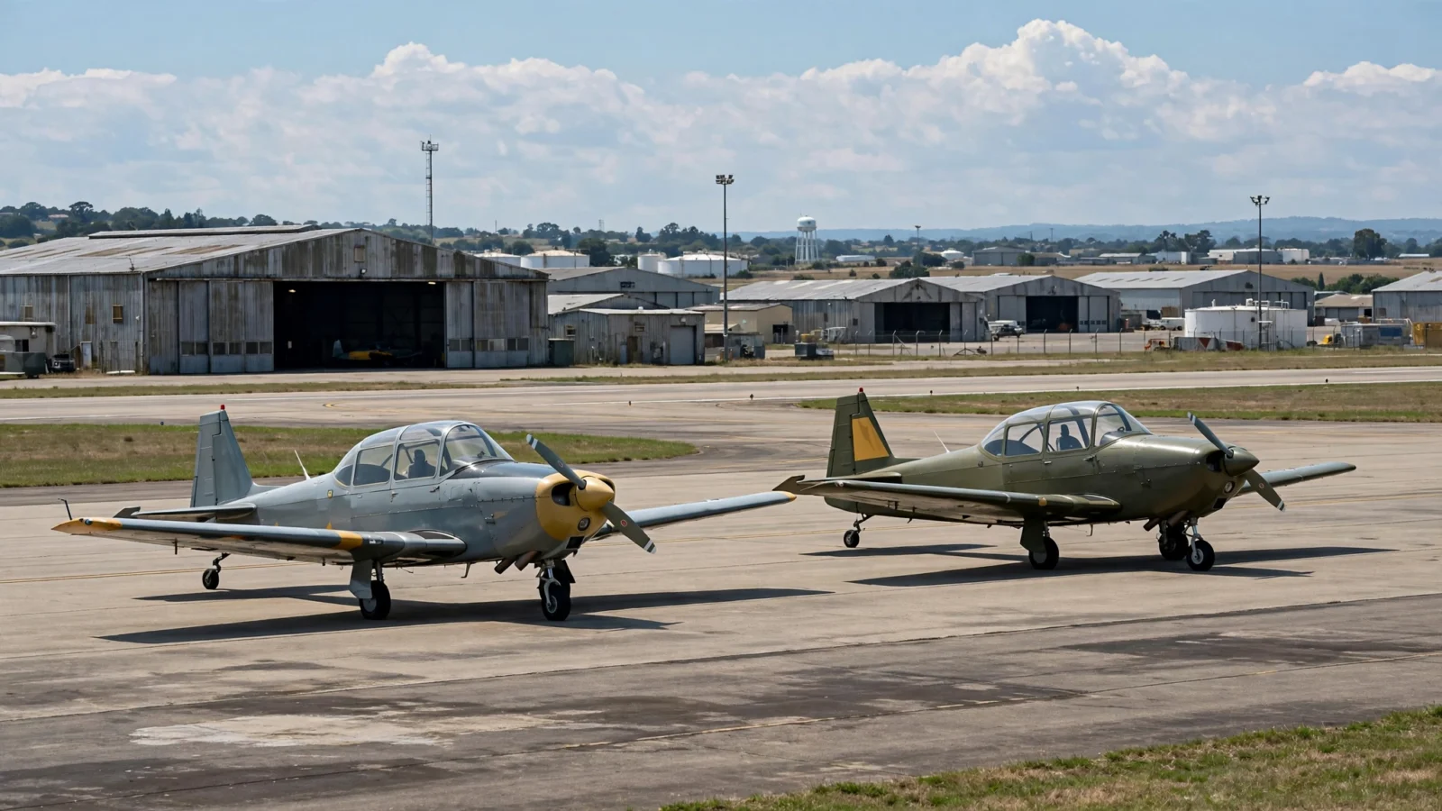 Two small propeller trainer aircraft parked on an airfield runway with hangars behind them