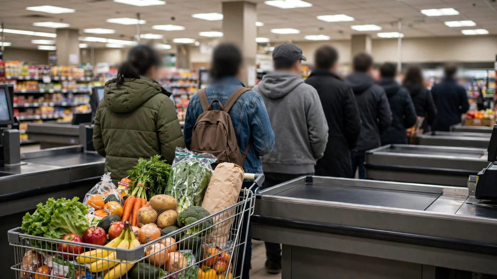 Shoppers wait in line at supermarket checkout lanes beside a shopping cart filled with fresh groceries including vegetables, fruit and bread.