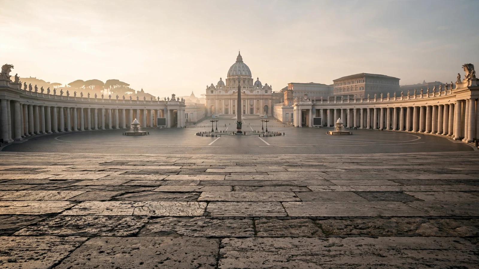 St. Peter's Square and St. Peter's Basilica in Vatican City in morning light, seen from across the plaza.
