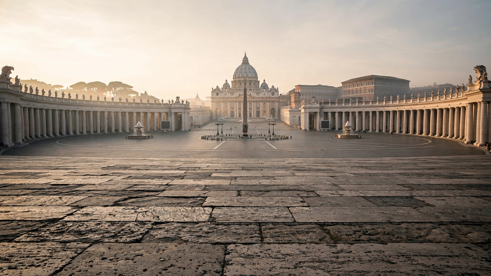 St. Peter's Square and St. Peter's Basilica in Vatican City in morning light, seen from across the plaza.