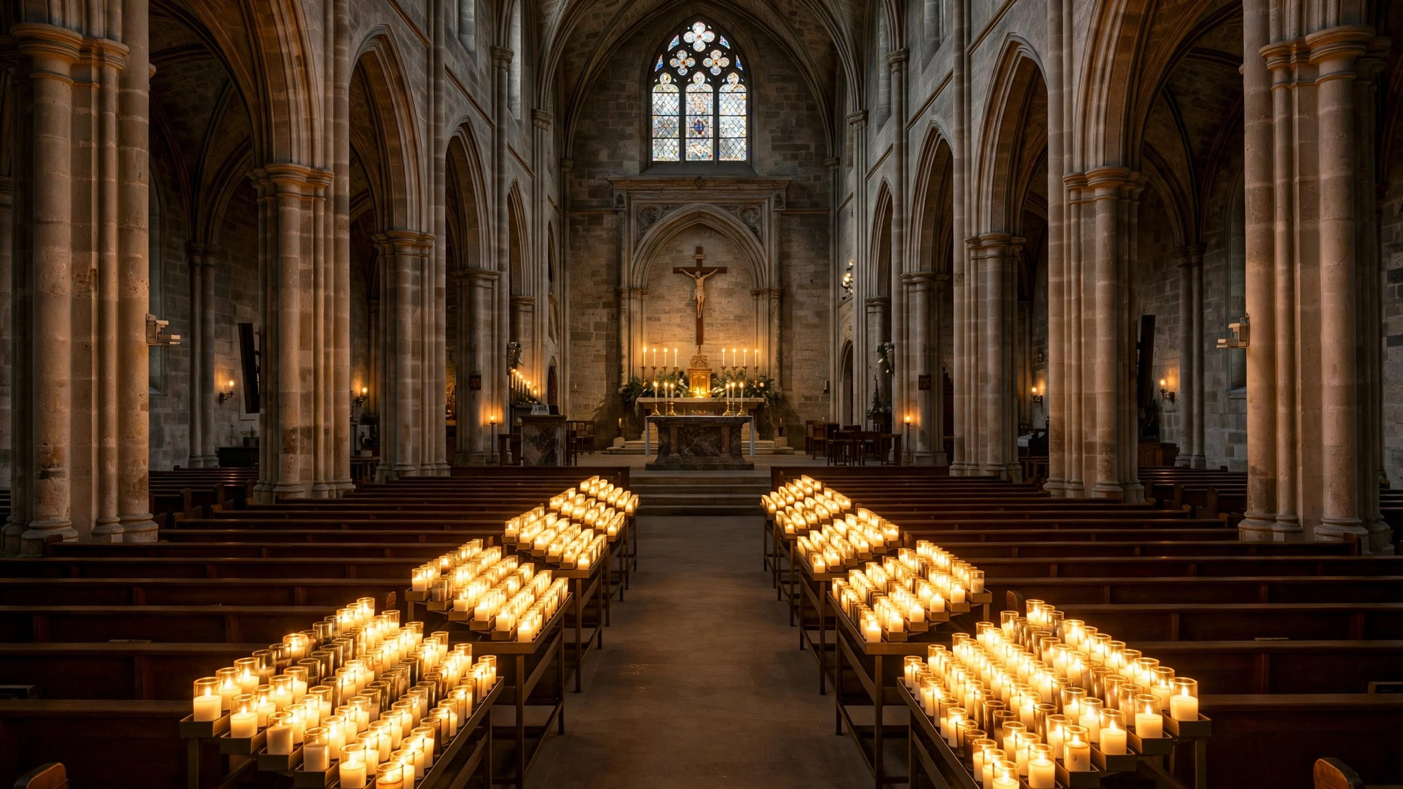 Rows of lit prayer candles inside a church nave with an altar in the background.