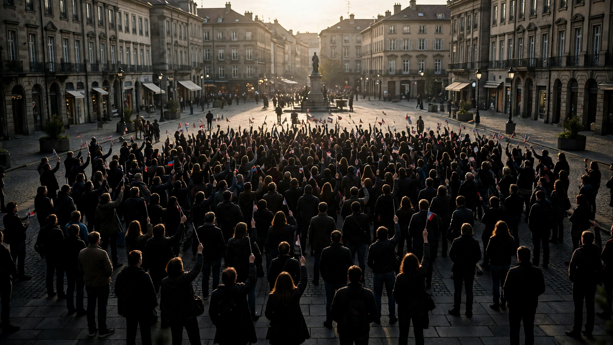 A crowd of people gathered in a public square at sunset, holding small flags.