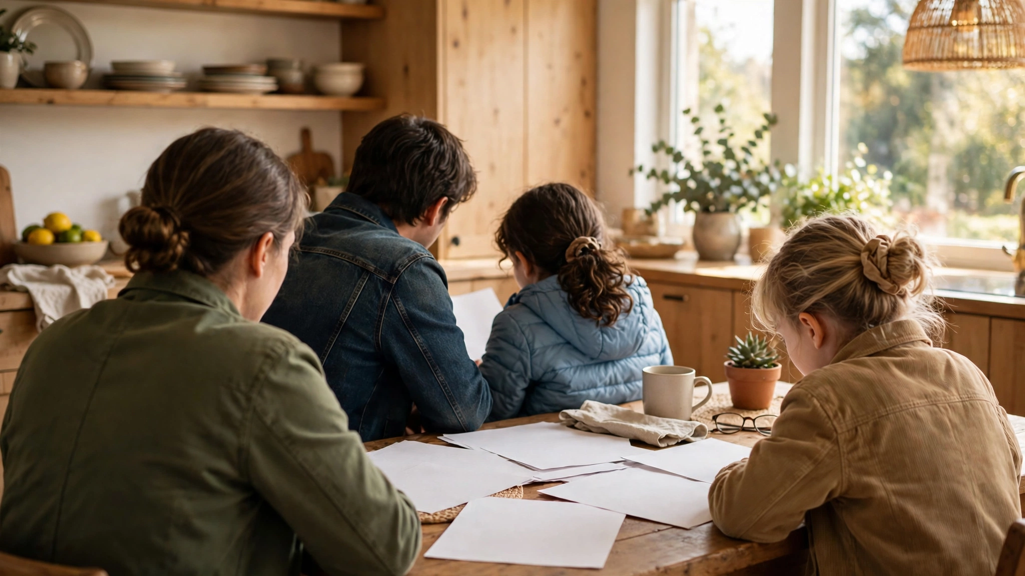 A family seen from behind reviews blank papers at a kitchen table in daylight