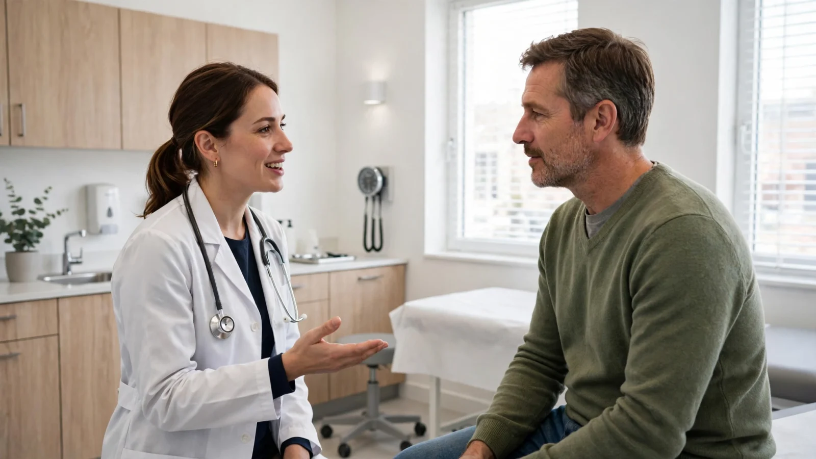 A doctor in a white coat talks with a patient in a bright clinic examination room