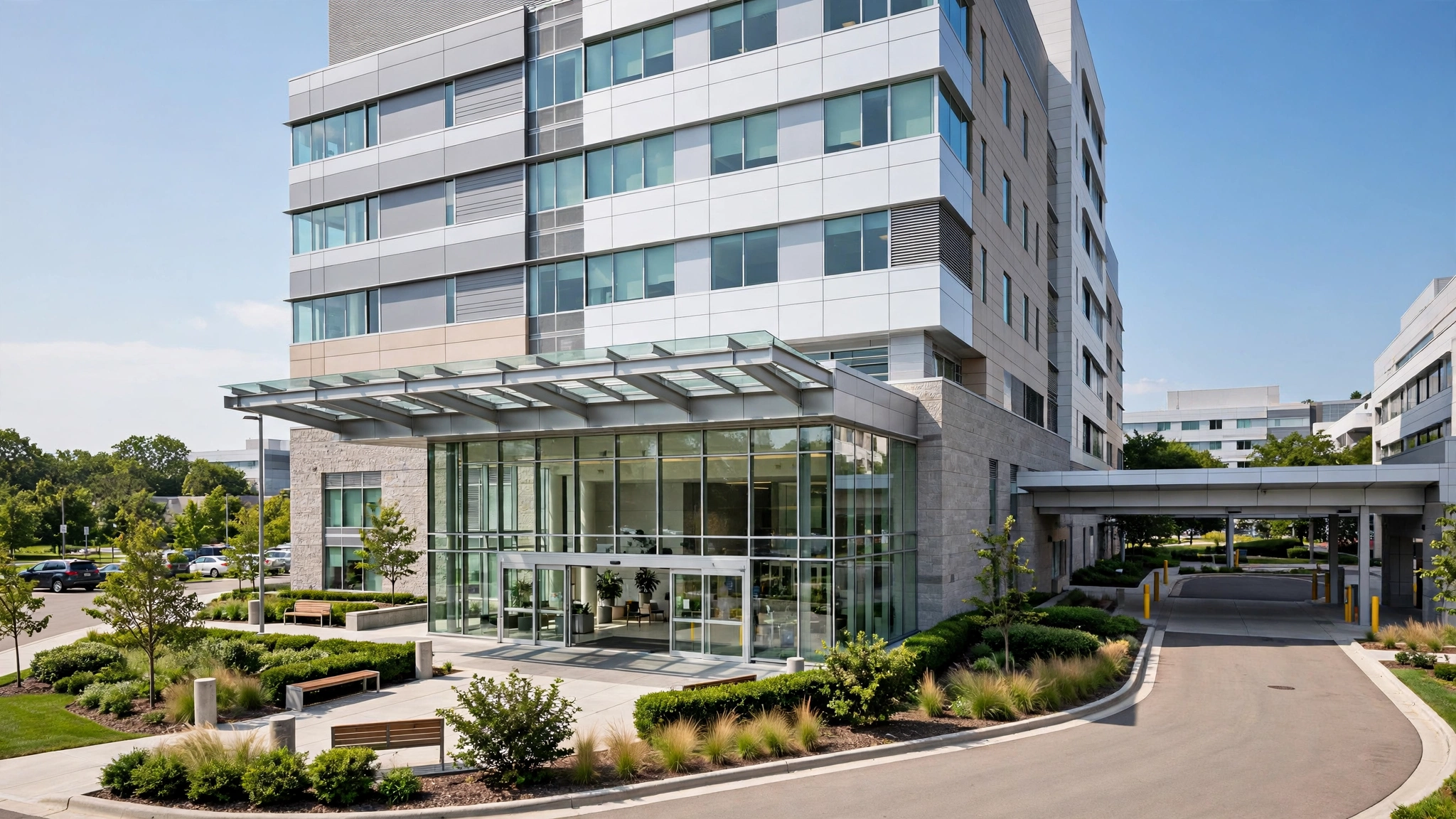 A modern hospital building with a glass entrance on a clear day
