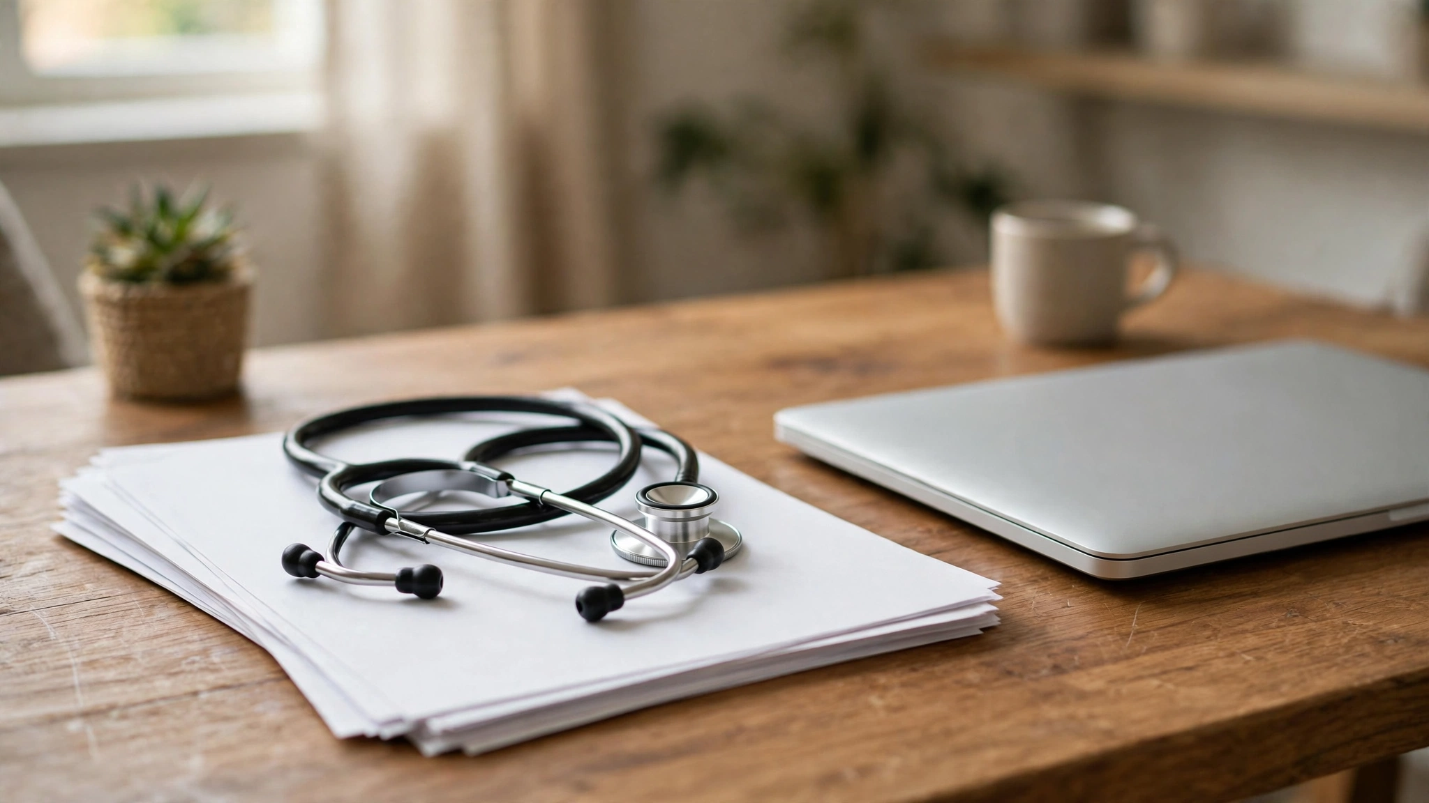 A stethoscope rests on blank paperwork beside a closed laptop on a wooden desk
