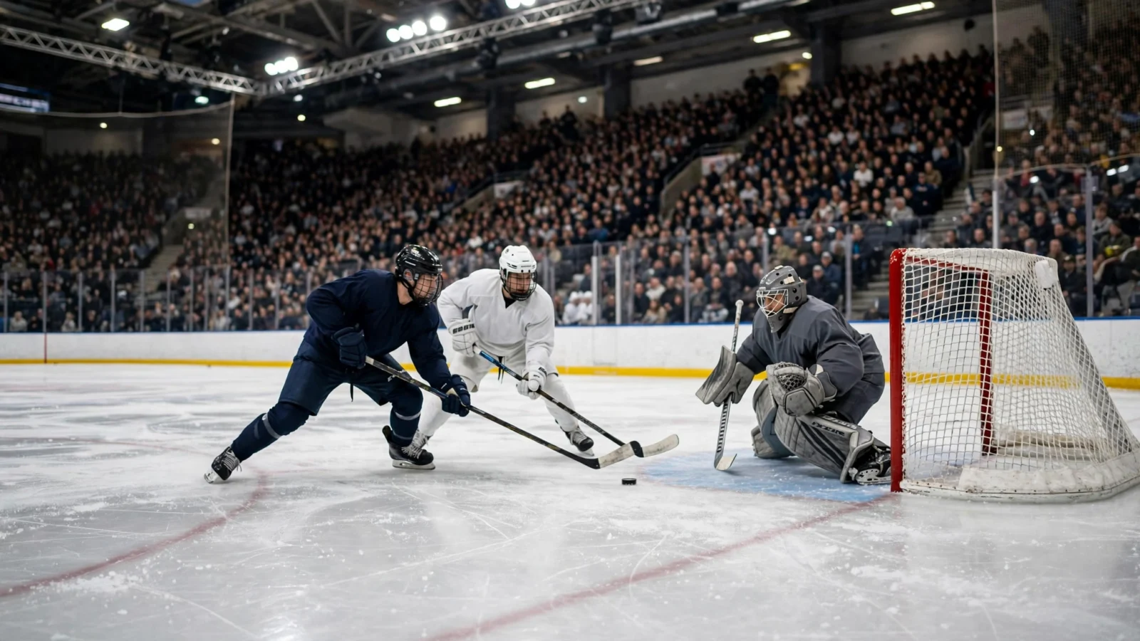 Ice hockey players in plain dark and white uniforms competing for the puck in front of a goaltender and the goal during a game in a crowded indoor arena.