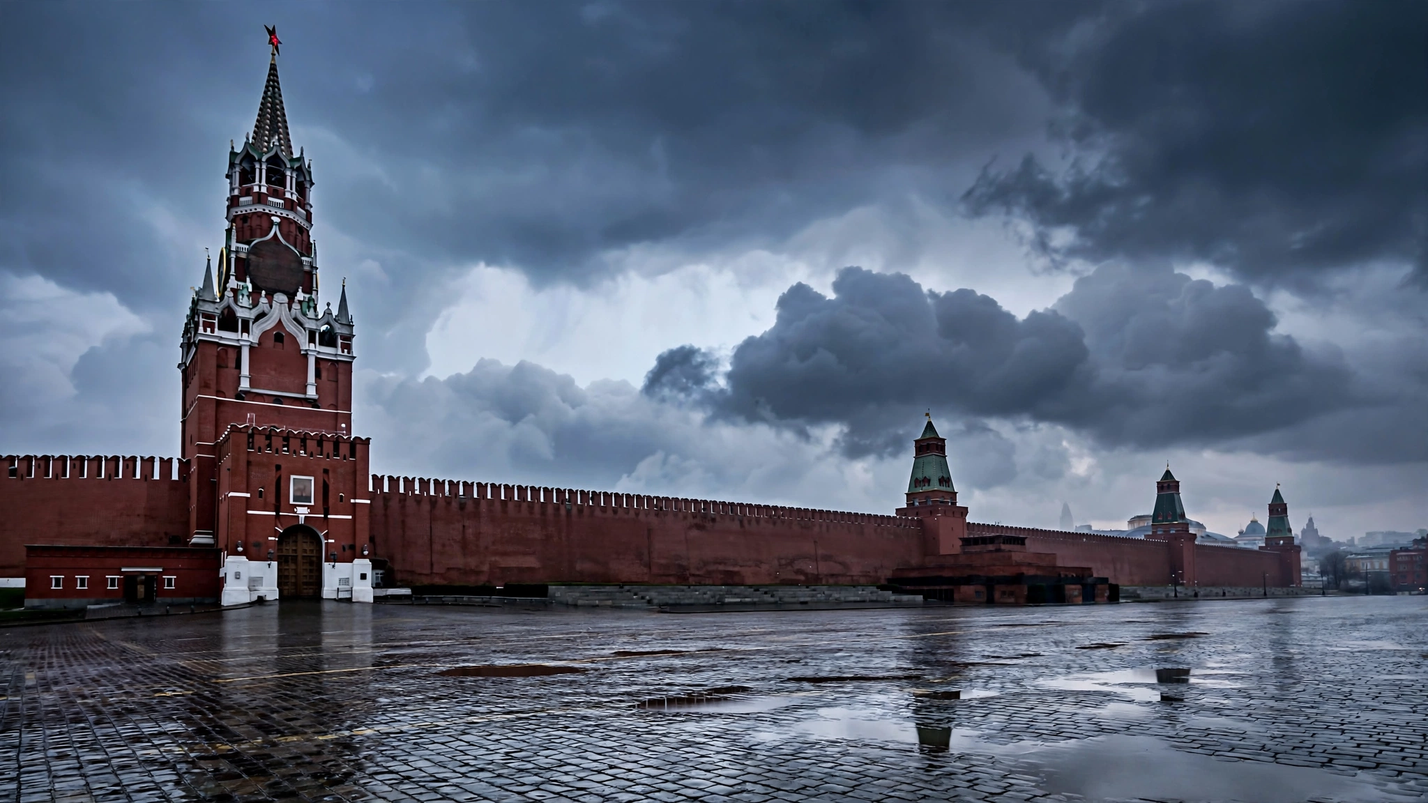 The Kremlin's red-brick towers and walls in Moscow under heavy storm clouds at dusk