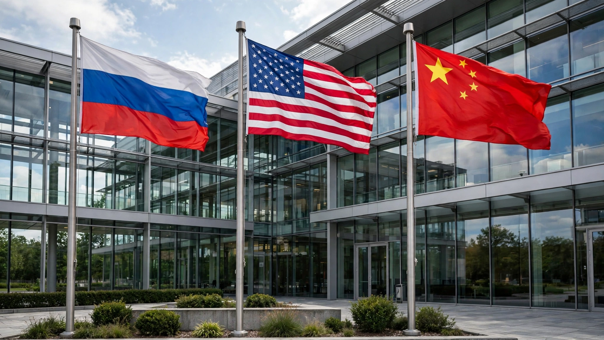 The national flags of Russia, the United States and China flying on flagpoles outside a modern glass conference building