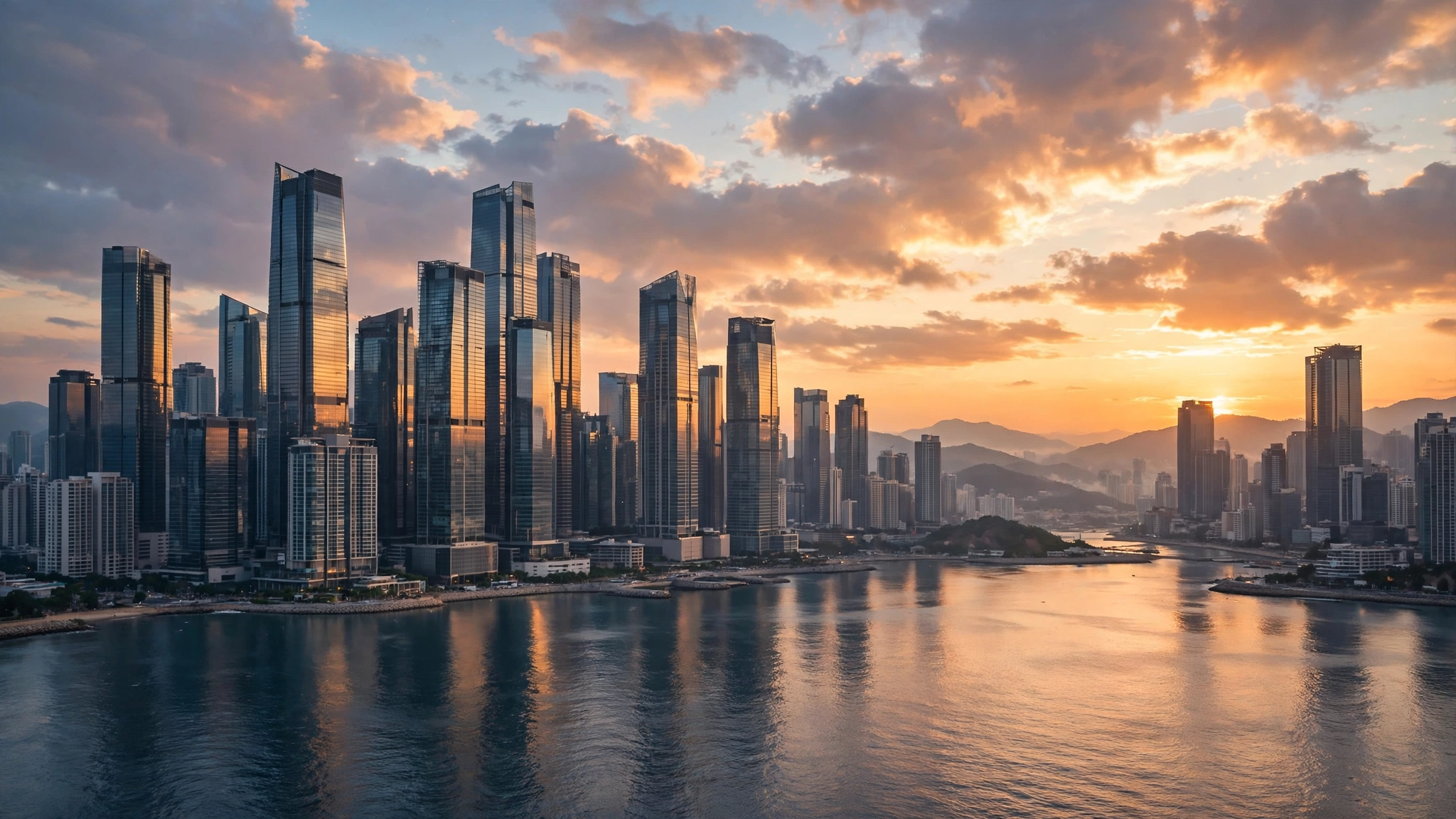 Glass skyscrapers of a modern Asian coastal city along the waterfront at sunset