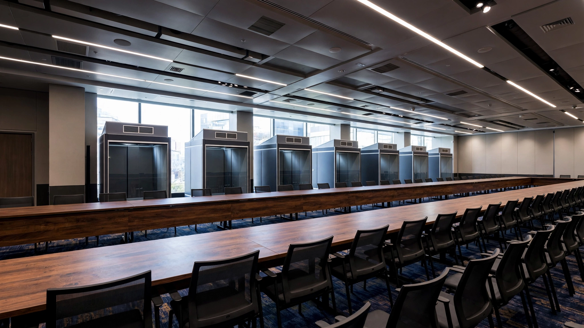 A large empty international conference hall with long wooden tables, rows of chairs and translation booths