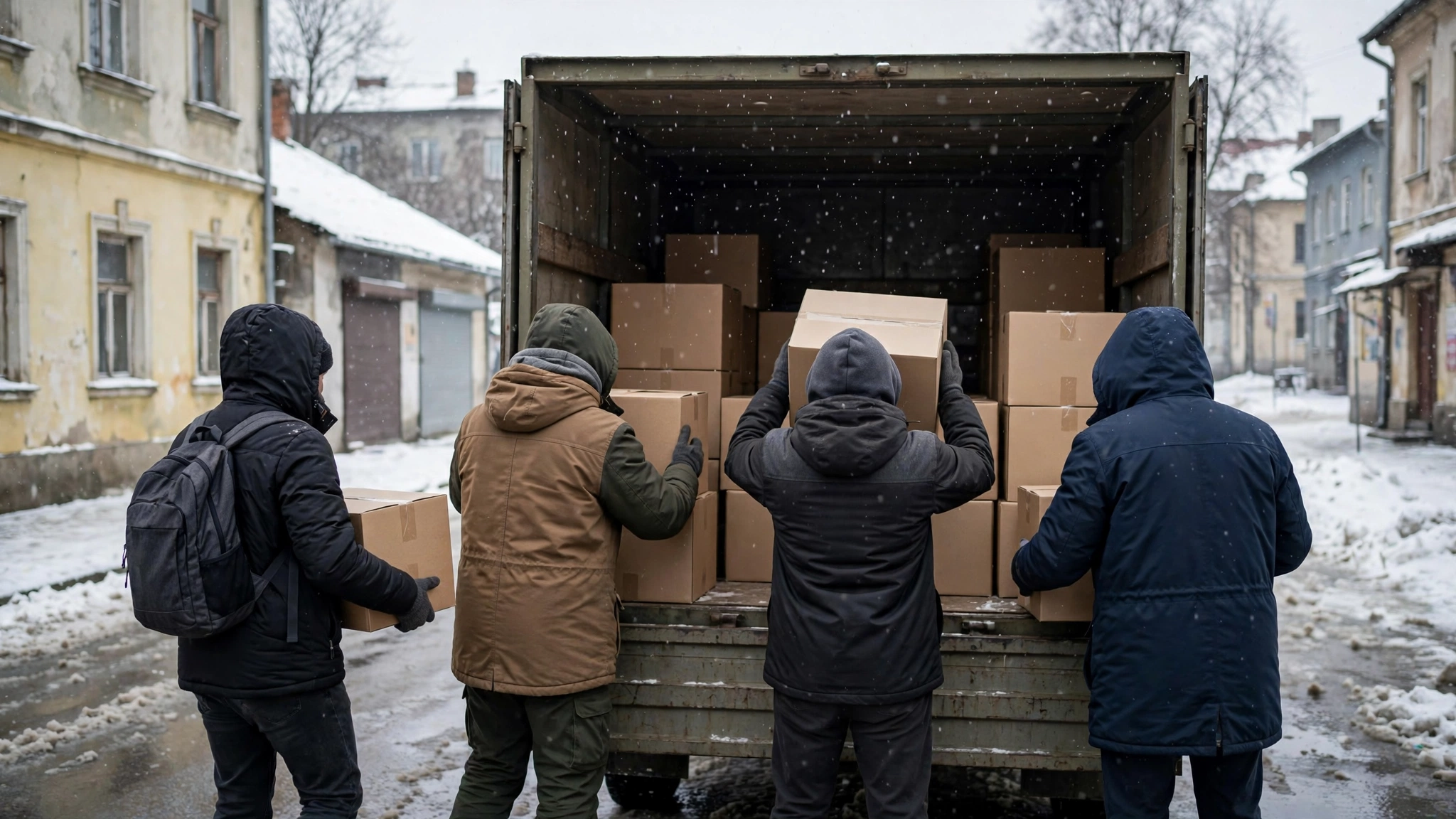 Volunteers in winter coats loading cardboard boxes of humanitarian aid onto a truck on a snowy street