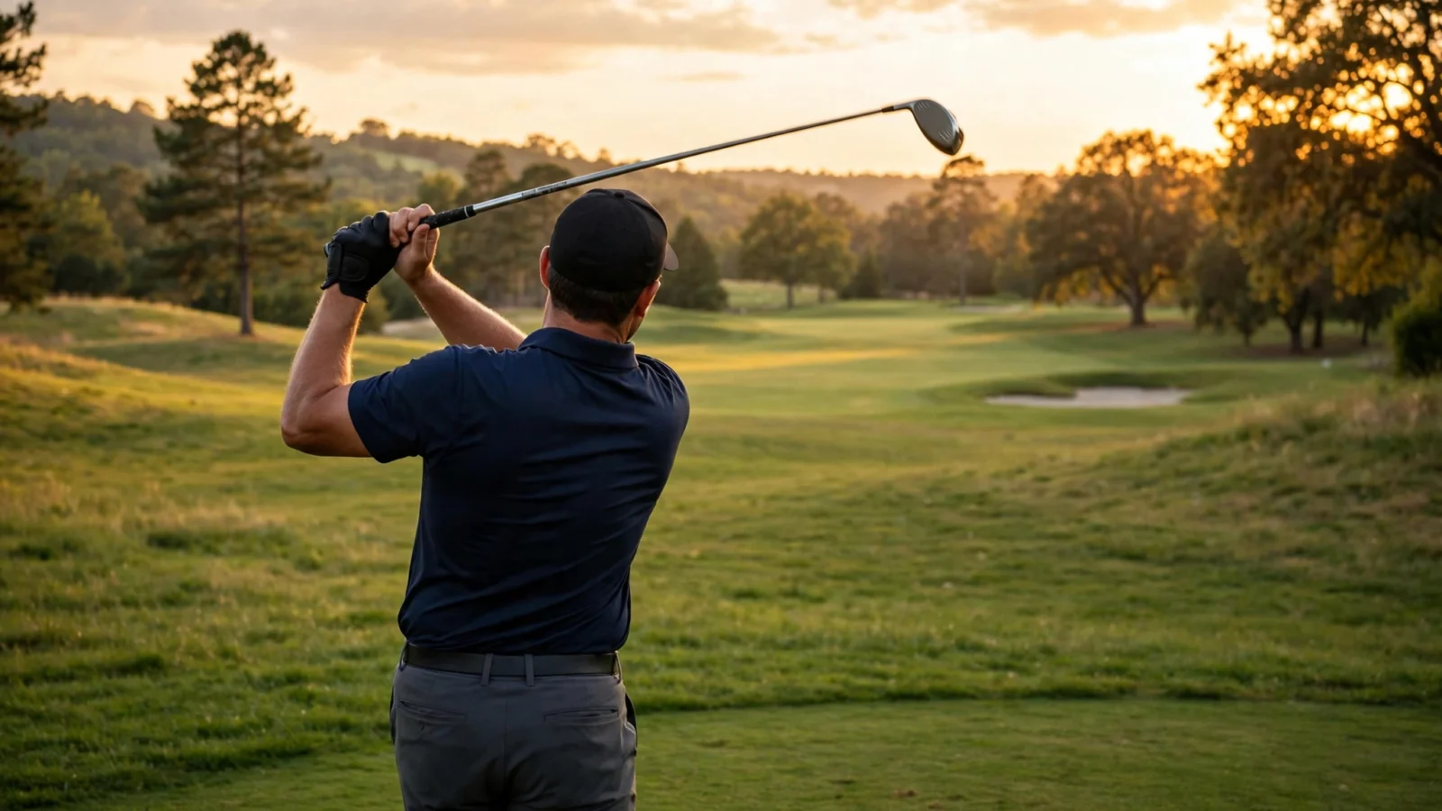 A golfer seen from behind completing a swing on a green golf course at sunset, with trees and a sand bunker in the distance