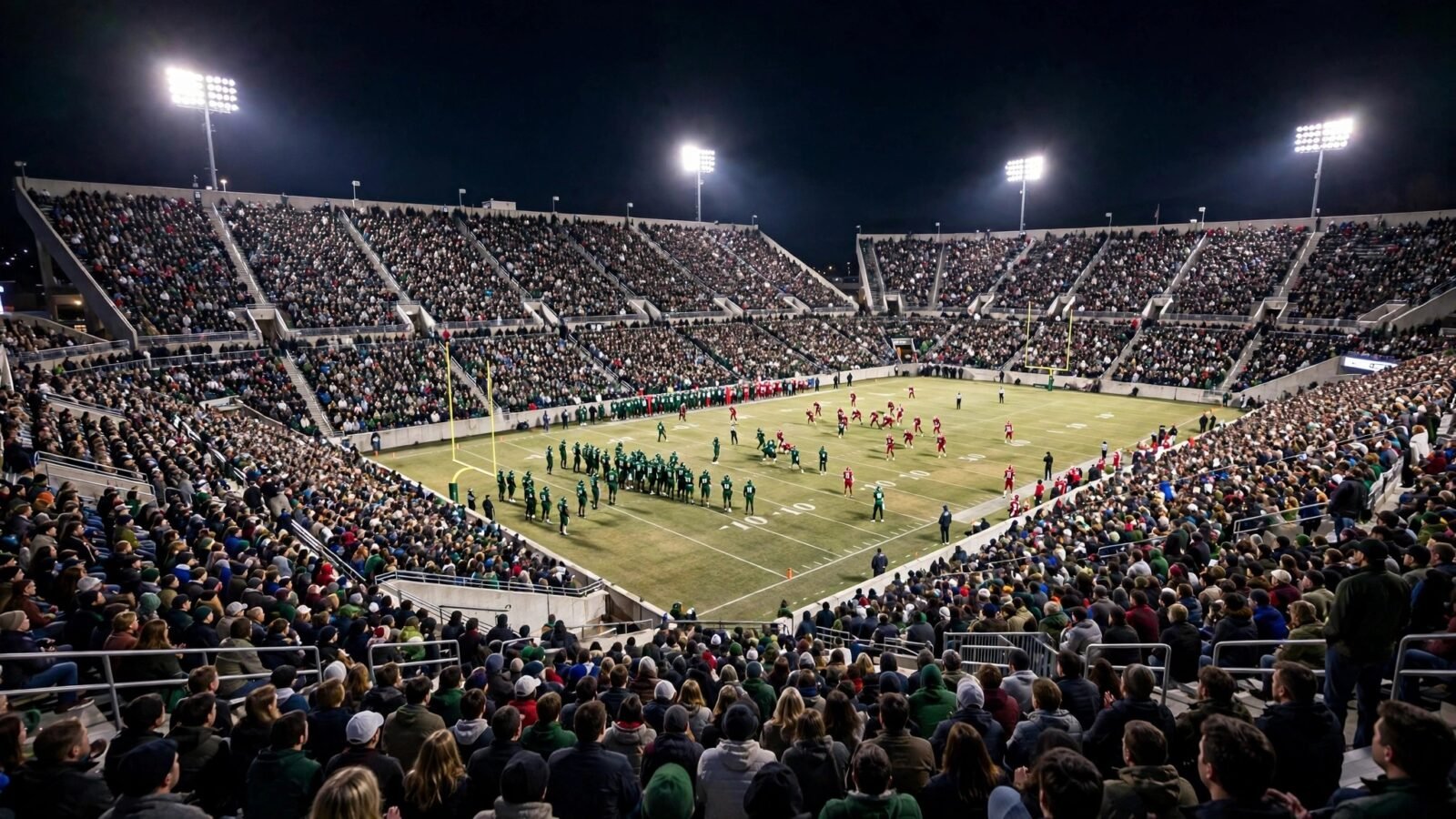 A packed college football stadium at night during a game