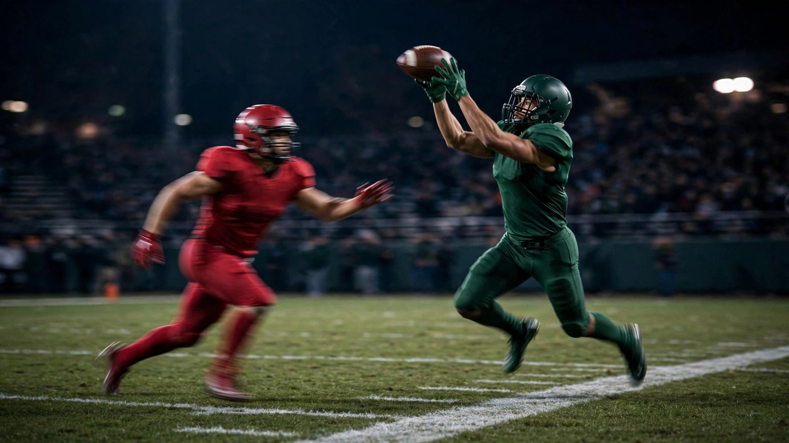 A player in a green uniform catching a football as a defender in red approaches
