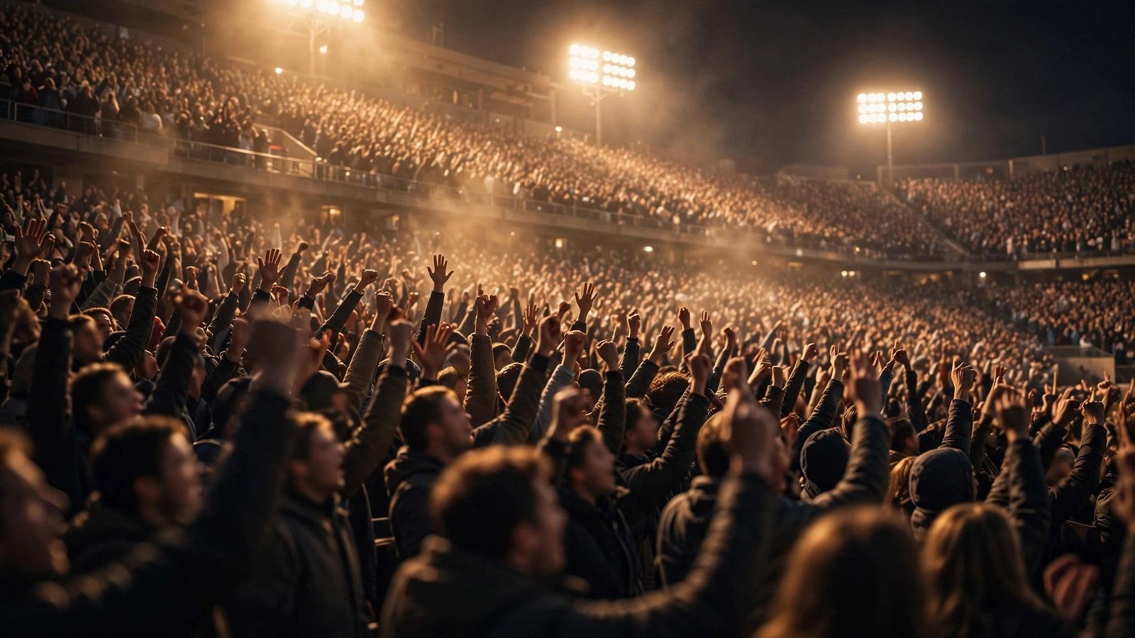 A crowd of fans cheering in stadium stands at night