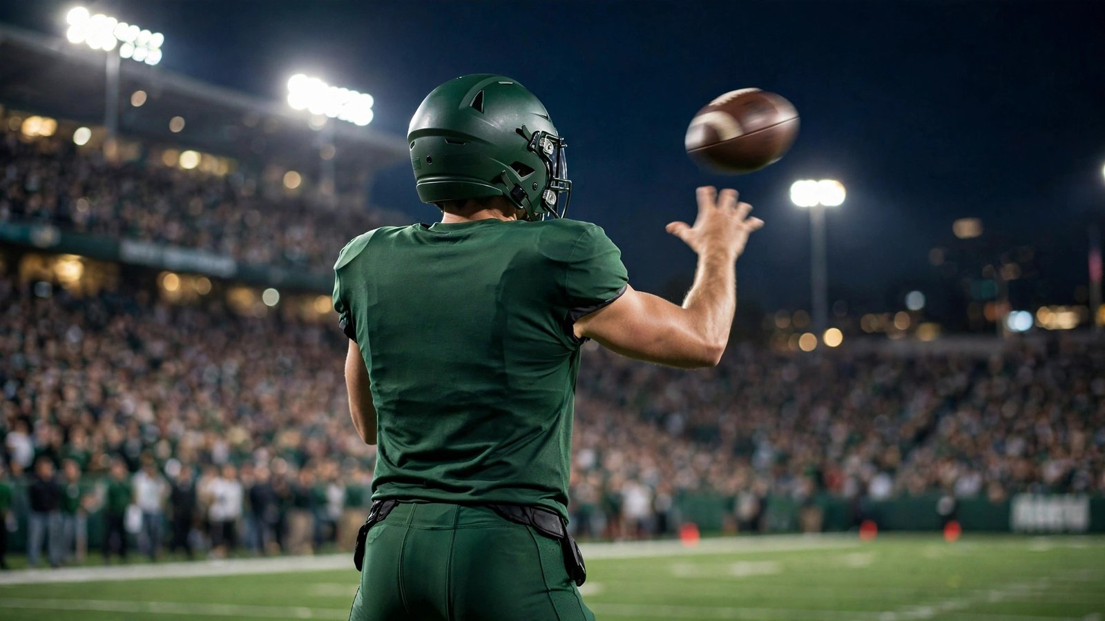 A quarterback in a dark green uniform throwing a pass at night