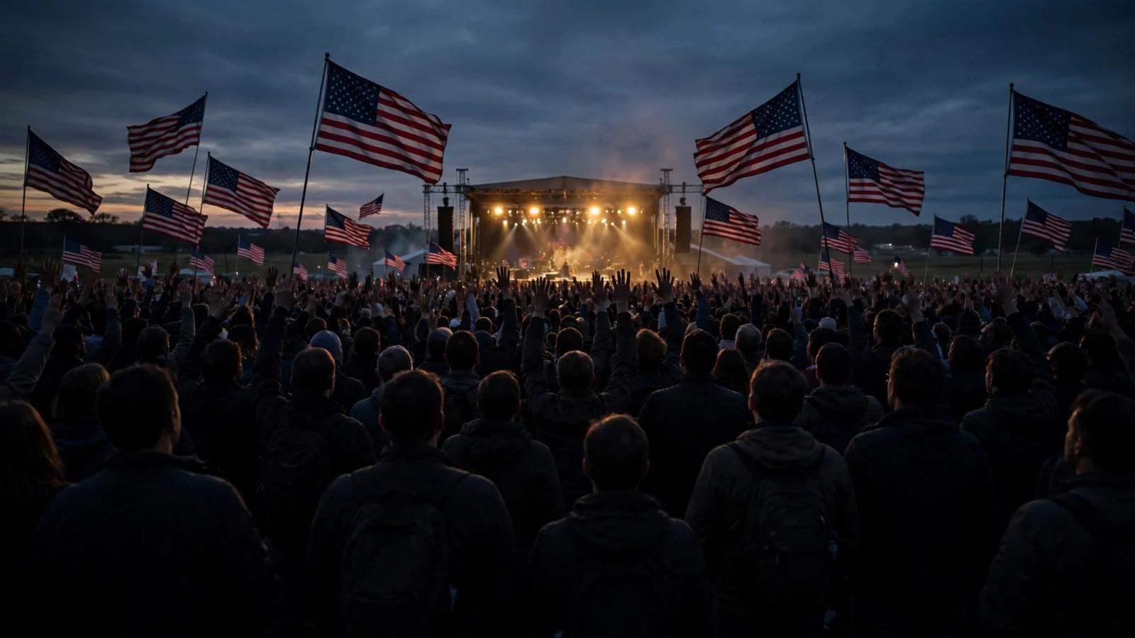 A large outdoor rally crowd seen from behind, with American flags waving and a lit stage in the distance at dusk