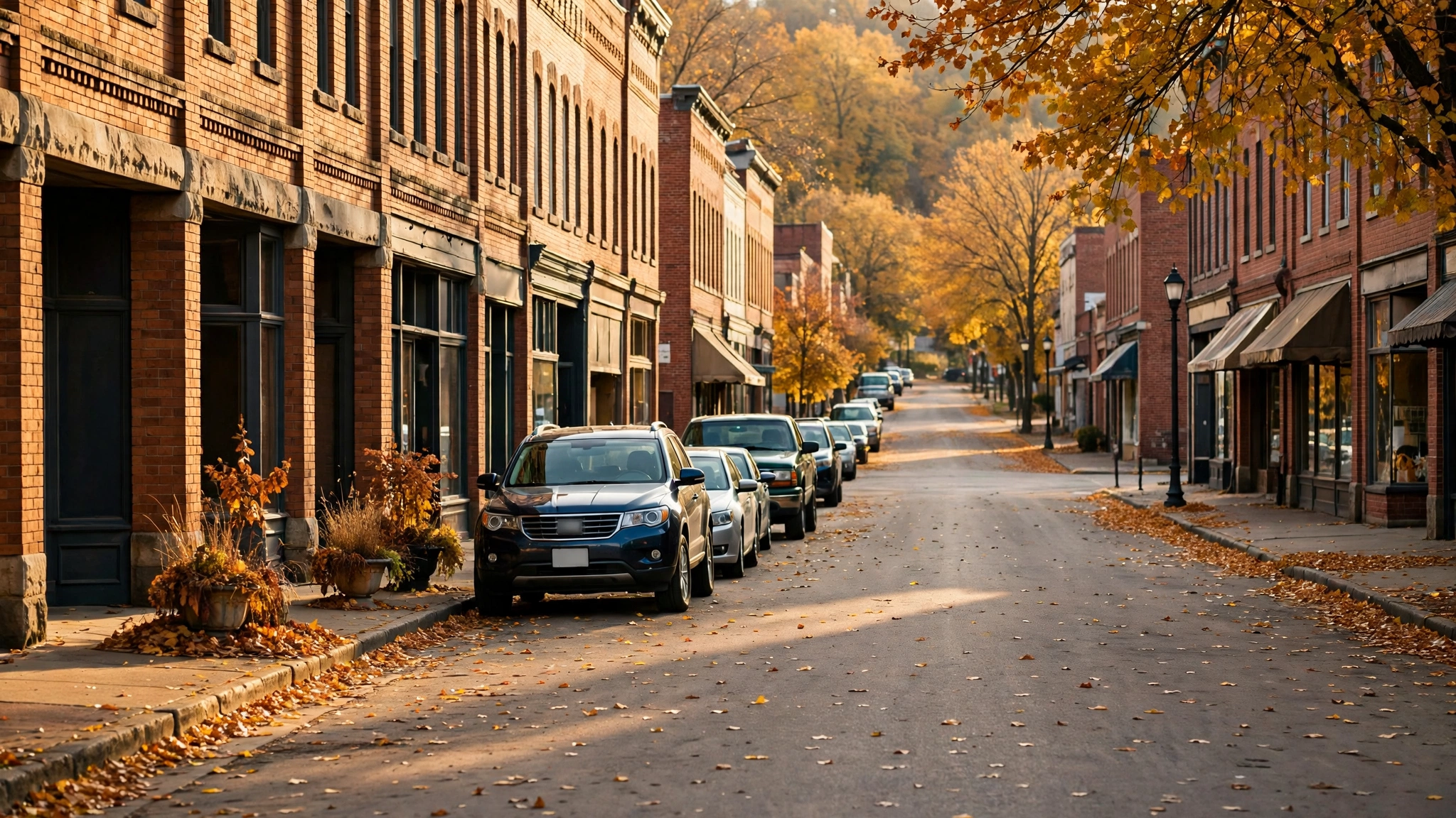 A quiet brick main street in a small Midwestern town in autumn, with parked cars and fallen leaves on the road