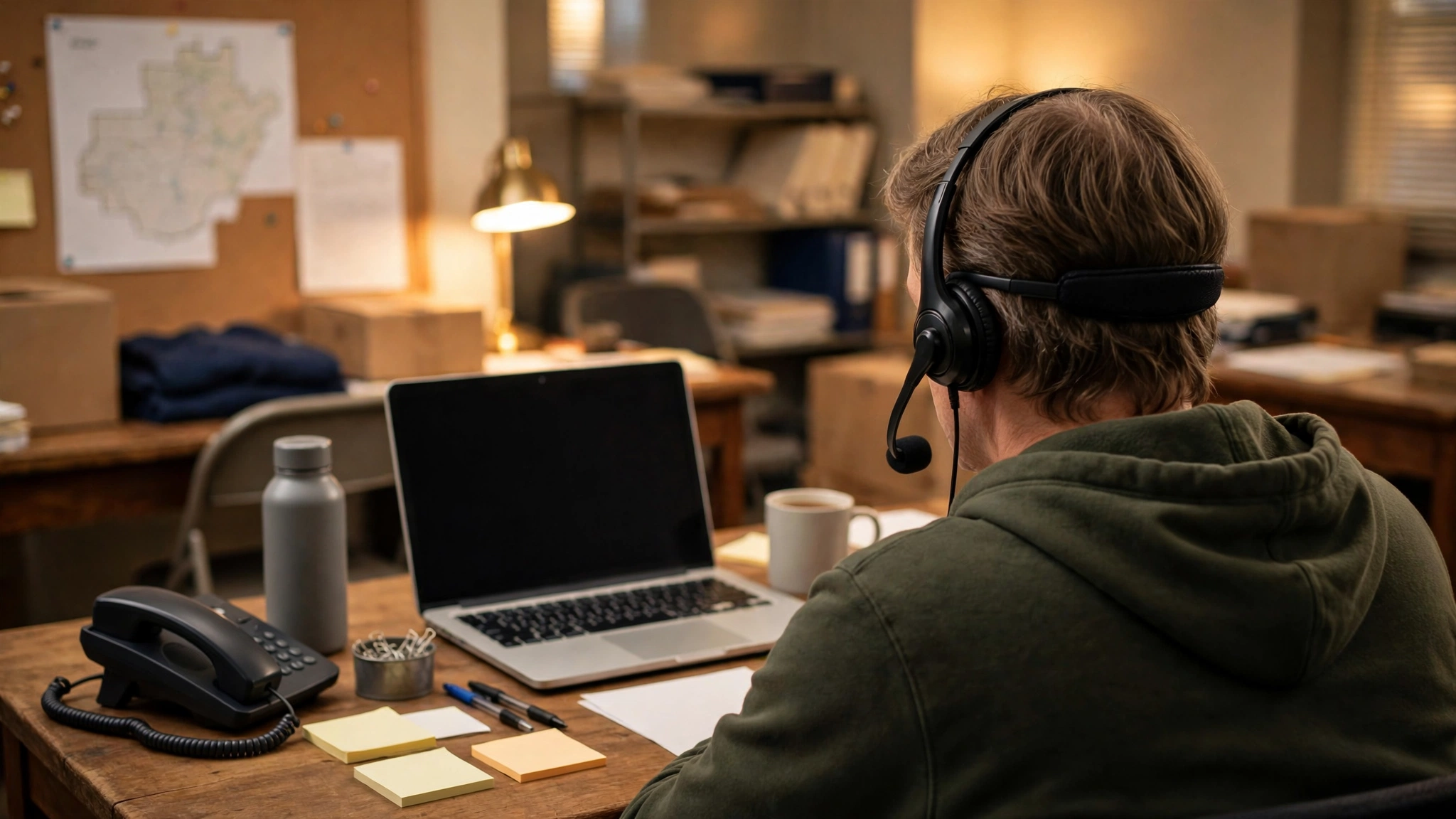 A person seen from behind wearing a telephone headset at a desk with a laptop, a telephone and a mug