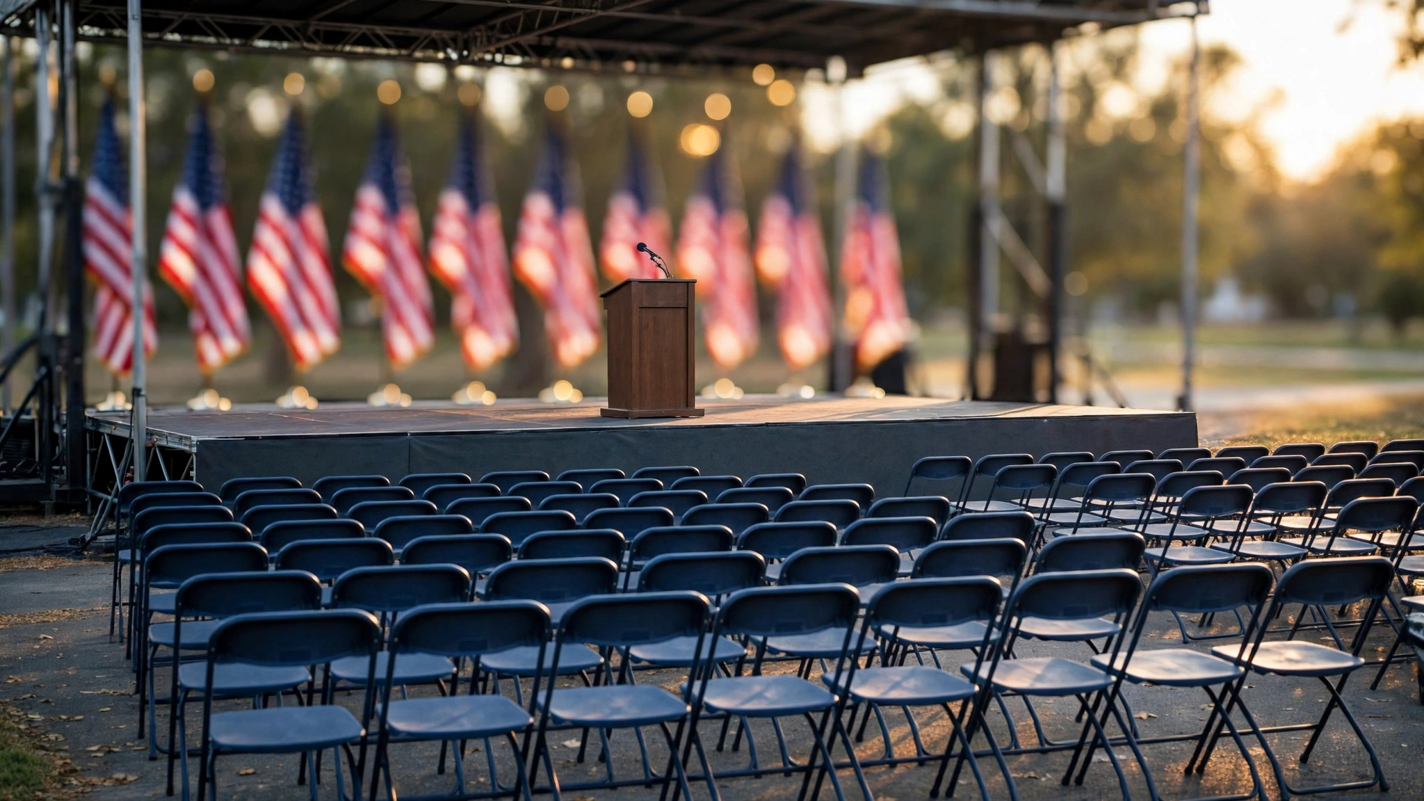 An empty outdoor stage with a wooden podium and rows of empty folding chairs, with American flags standing behind the stage