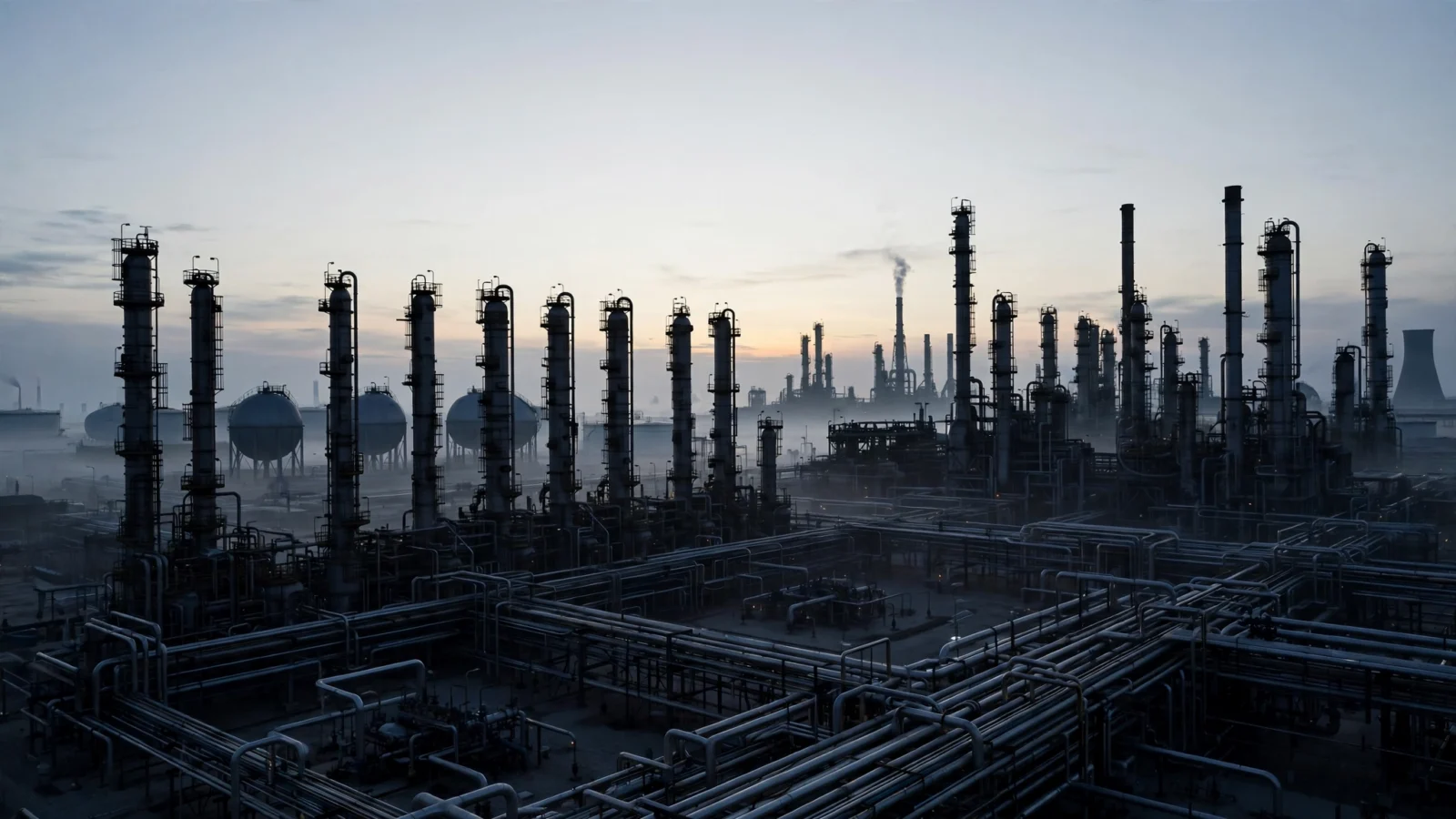 Distillation towers, storage spheres and pipelines at a large oil refinery in early morning light