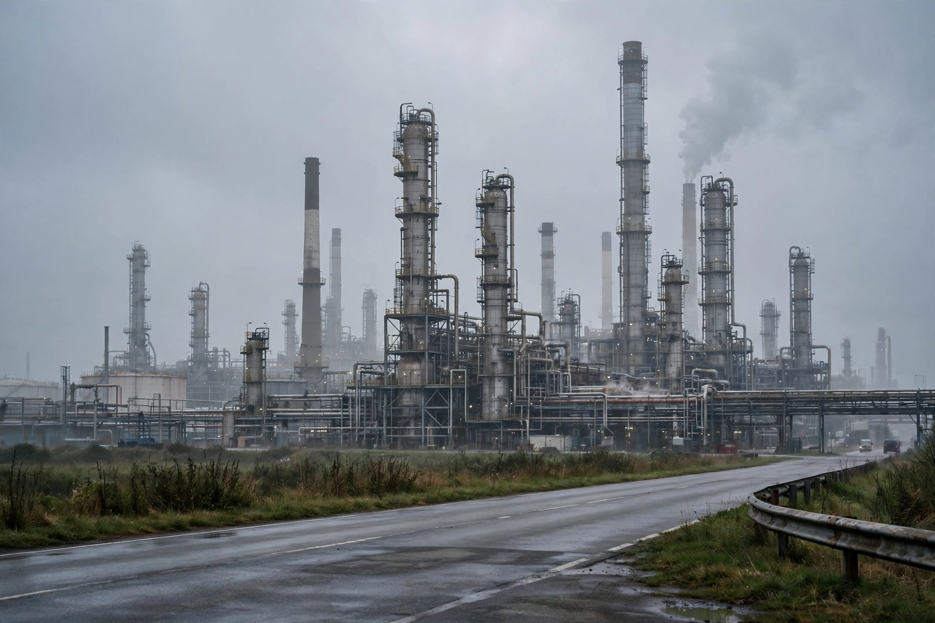 Tall distillation towers and smokestacks at an oil refinery seen from a wet road on a grey morning