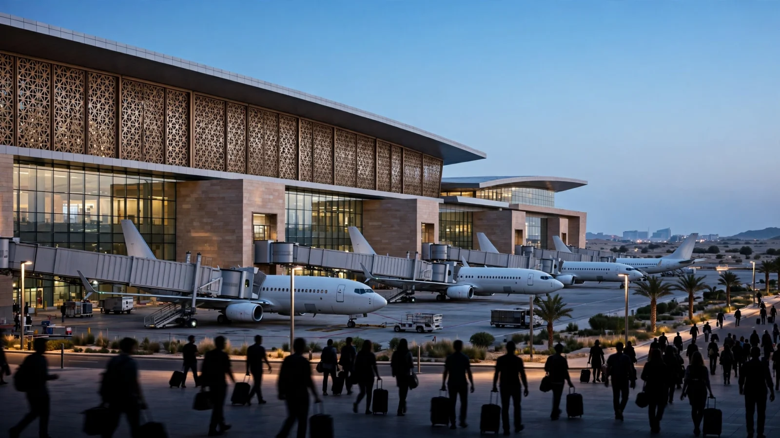 A modern Middle East airport terminal at dusk with parked passenger planes at gates and travelers walking with luggage in the foreground