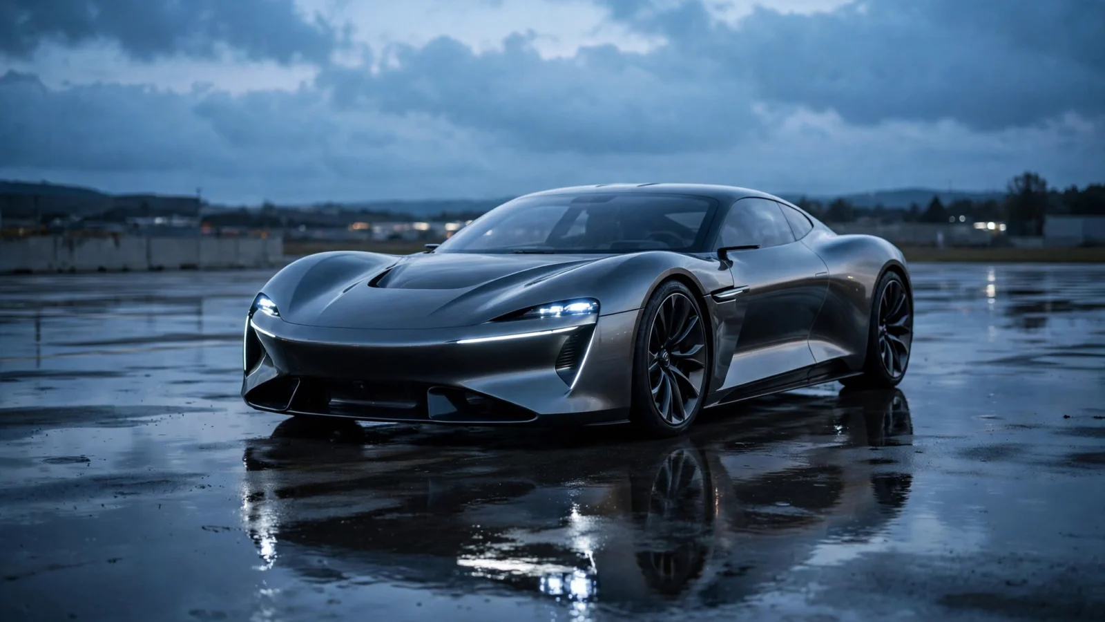 A dark low-slung electric sports car design study with its headlights on, parked on wet asphalt under a cloudy evening sky.