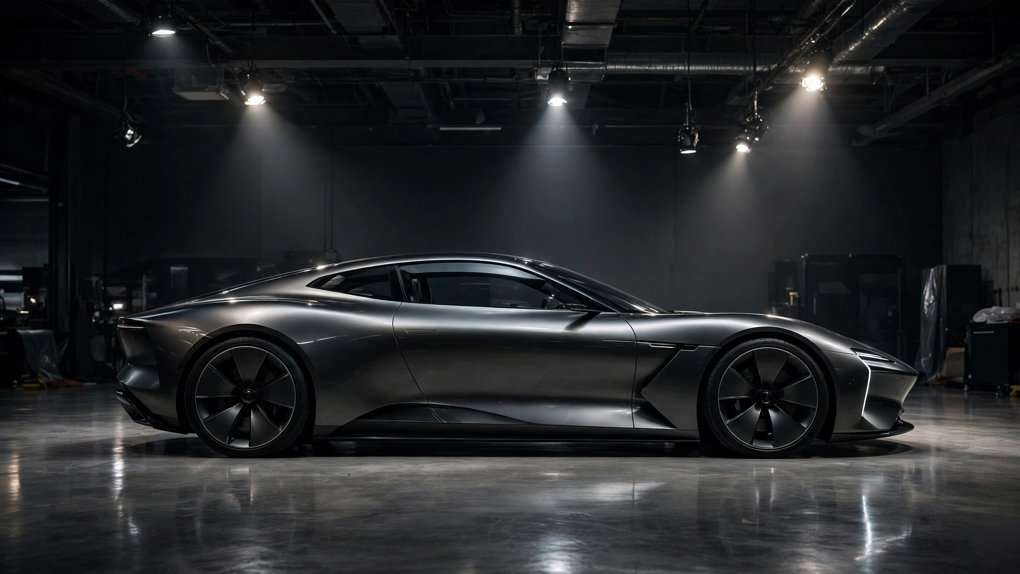 Side view of a dark futuristic two-door sports car design study under overhead spotlights in a dark studio.