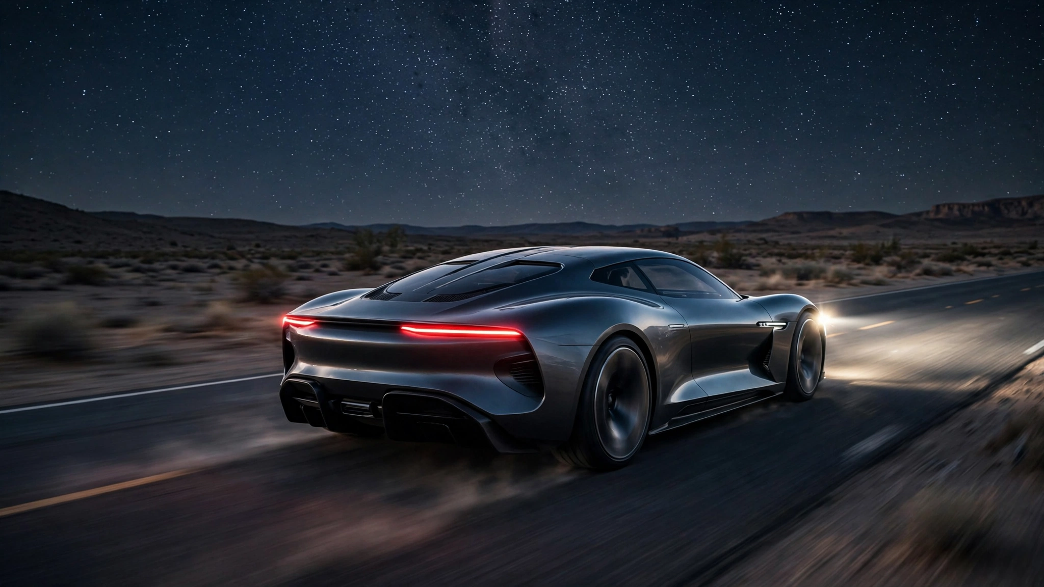 Rear view of a dark futuristic sports car design study driving on a desert highway at night under a starry sky.