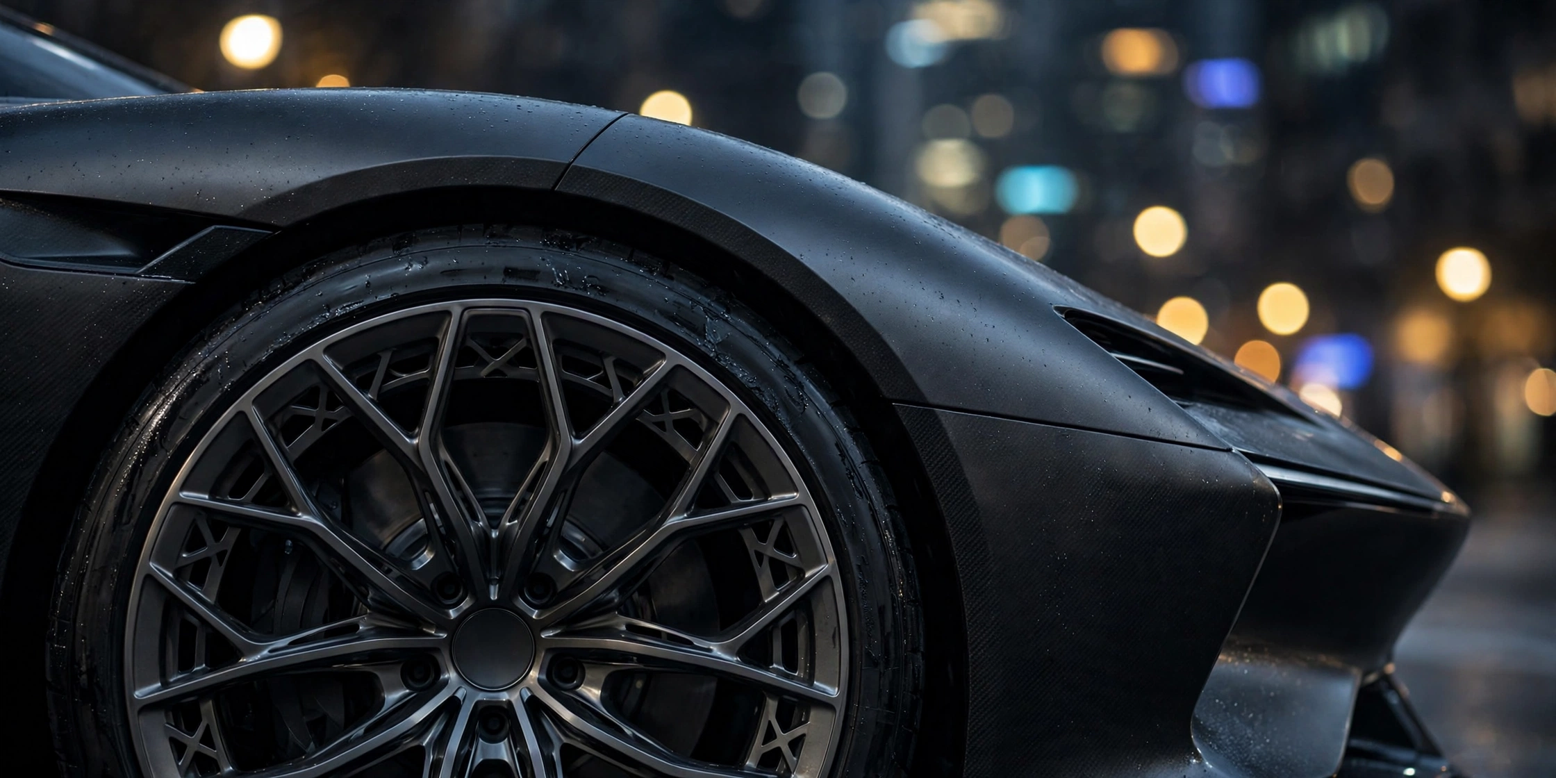 Close-up of an intricate dark alloy wheel and front fender of a futuristic sports car design study, with blurred city lights behind.