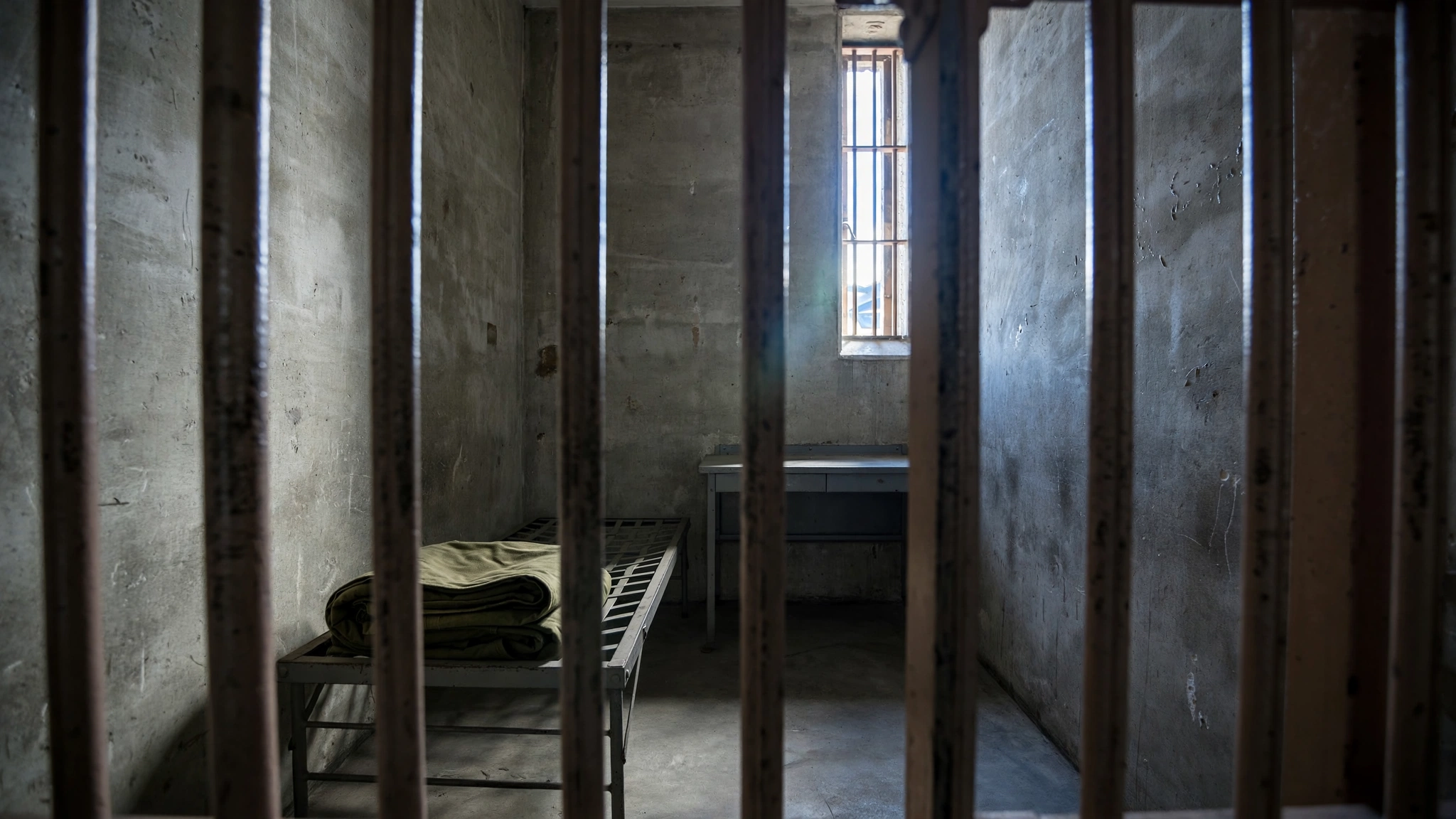 An empty prison cell with a metal bed, viewed through steel bars.