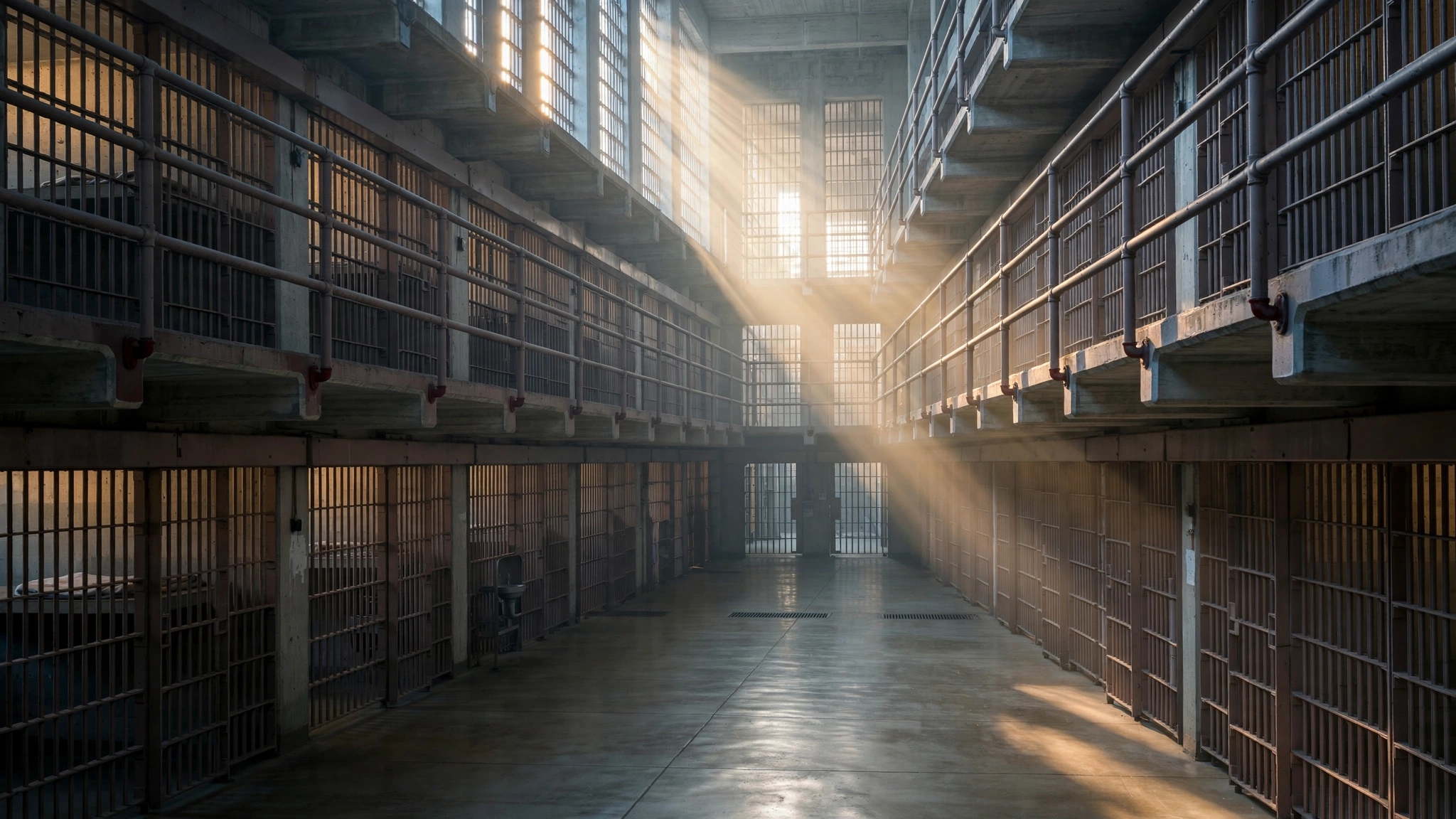 An empty two-level prison cell block with morning light streaming through barred windows.