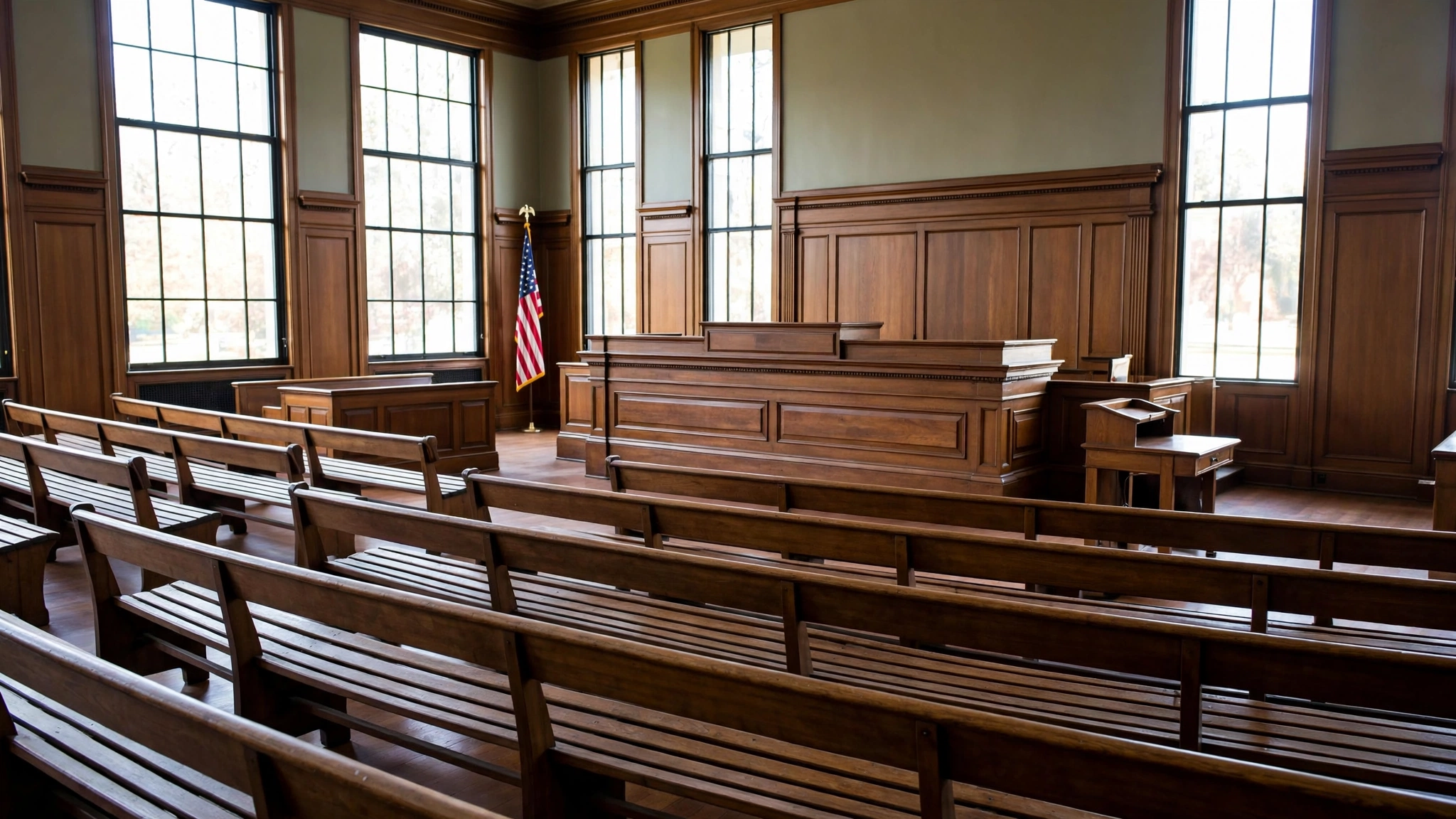 An empty courtroom with wooden benches and a judge's bench.