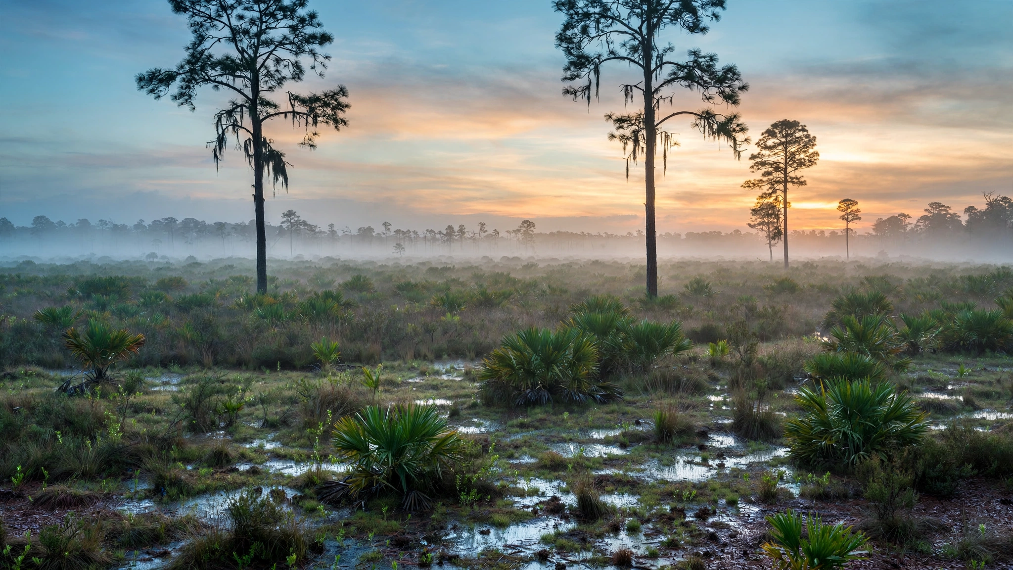 Pine flatwoods and palmetto scrub in rural Florida at sunrise.