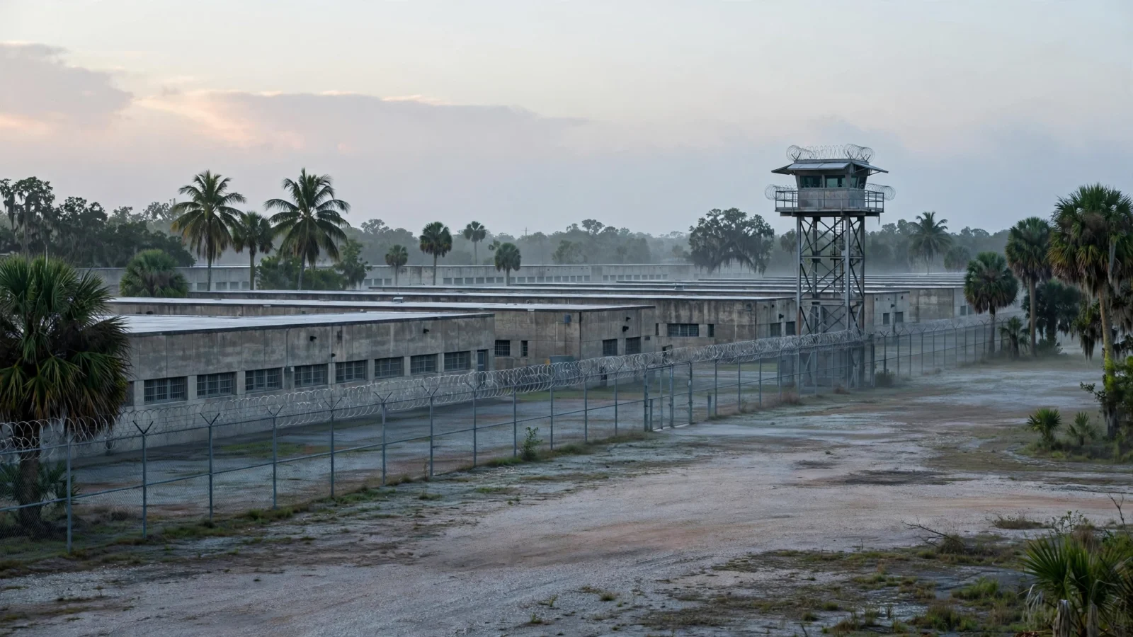 A state prison complex with a guard tower and fenced grounds in Florida at dawn.