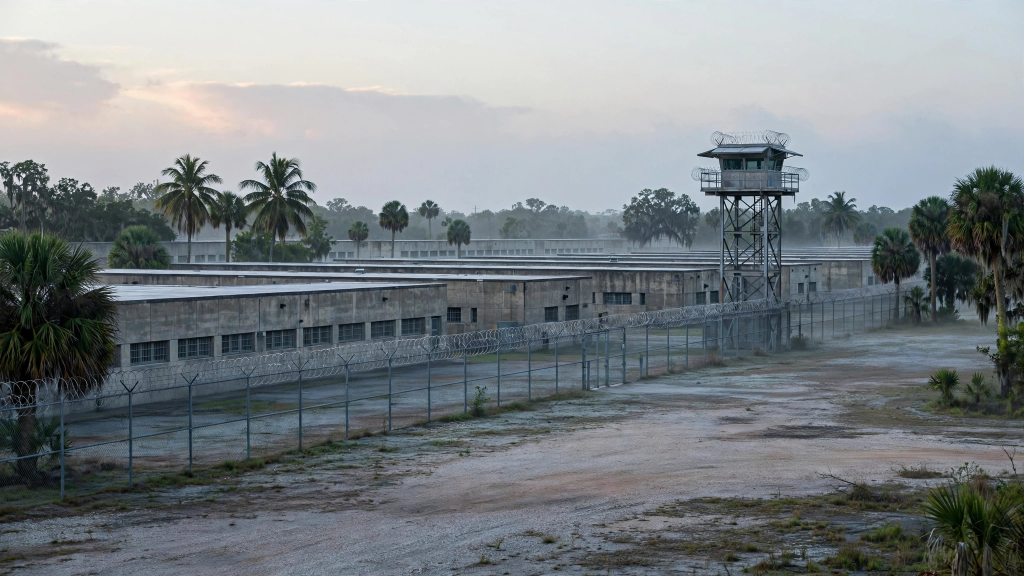 A state prison complex with a guard tower and fenced grounds in Florida at dawn.