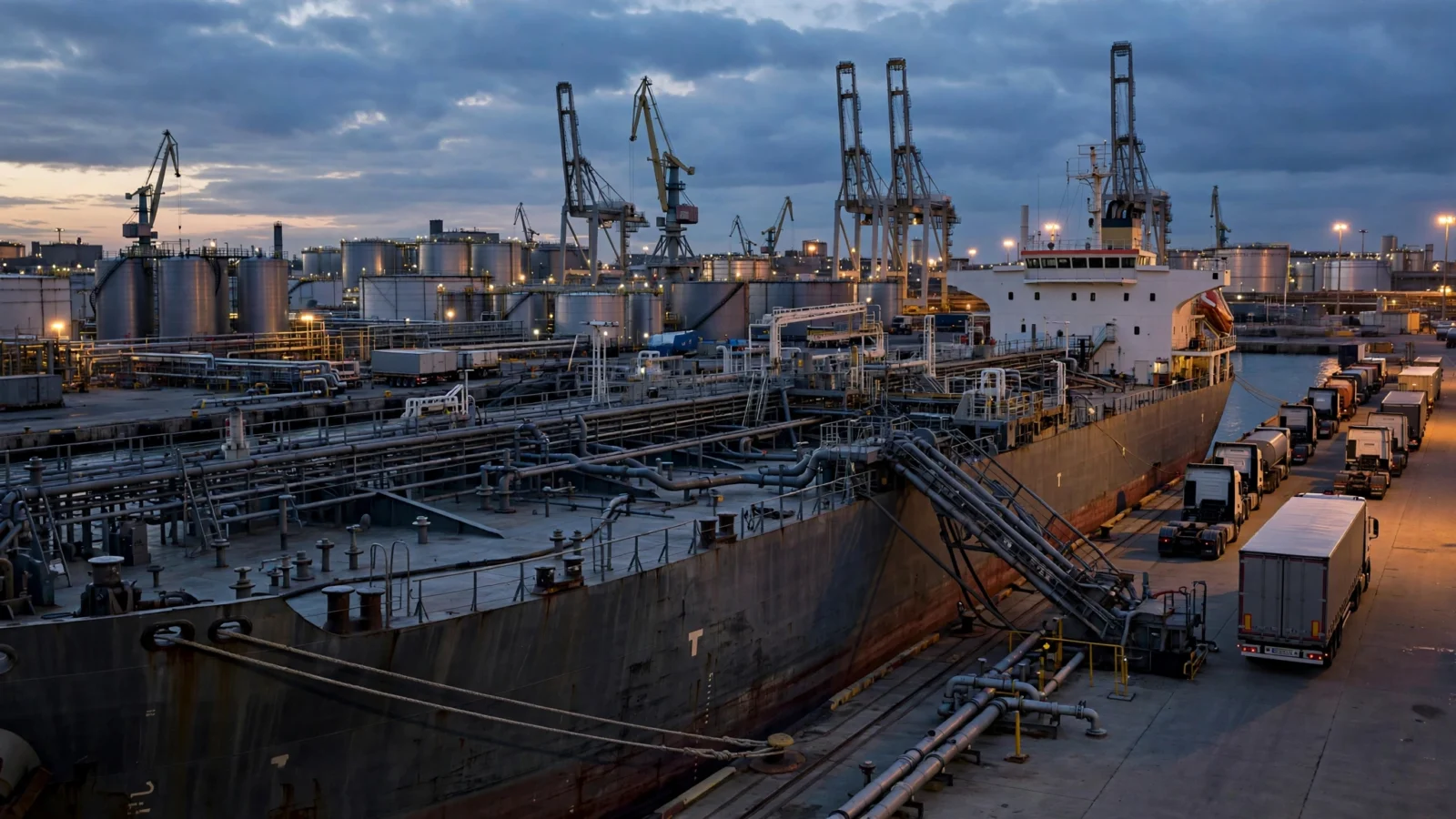 A large unbranded fuel tanker ship docked beside storage tanks, cranes and tanker trucks at an industrial port under cloudy dusk skies.