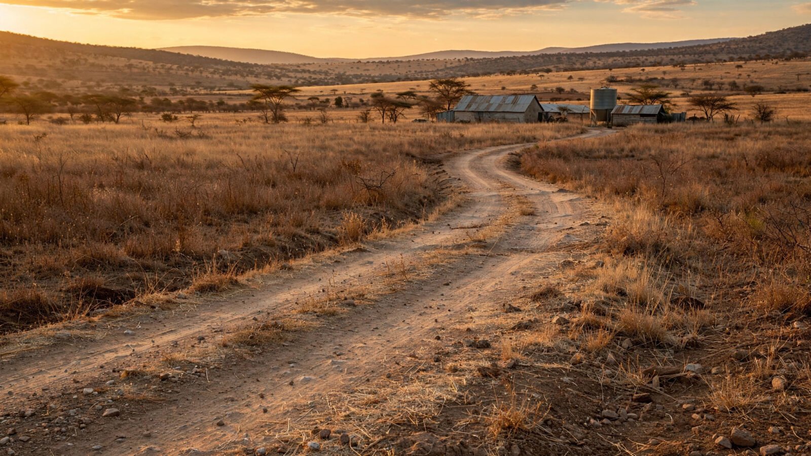 A dirt road leading past dry grass fields to farm buildings with metal roofs at sunset