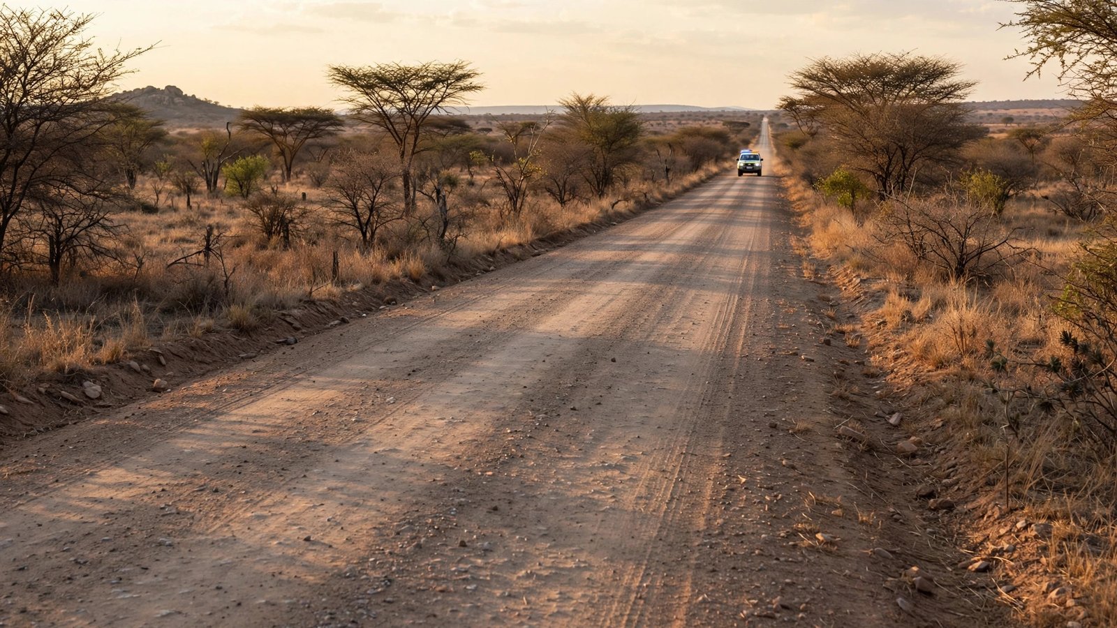 A vehicle with lights on a long dirt road through dry bushveld with thorn trees