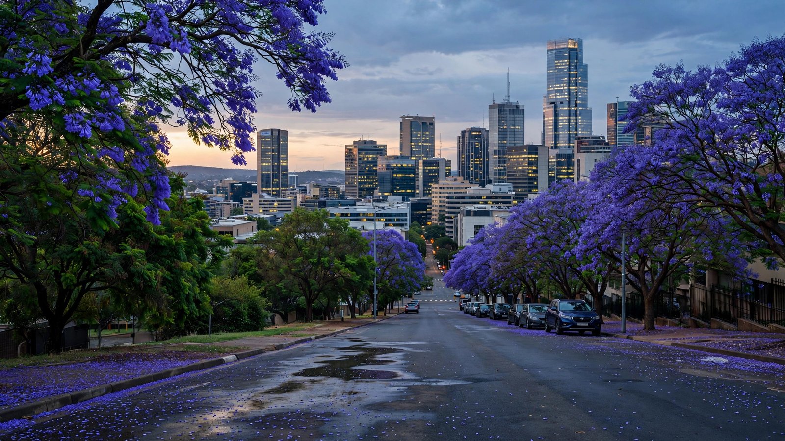 A city street lined with purple-flowering jacaranda trees with office towers in the distance at dusk