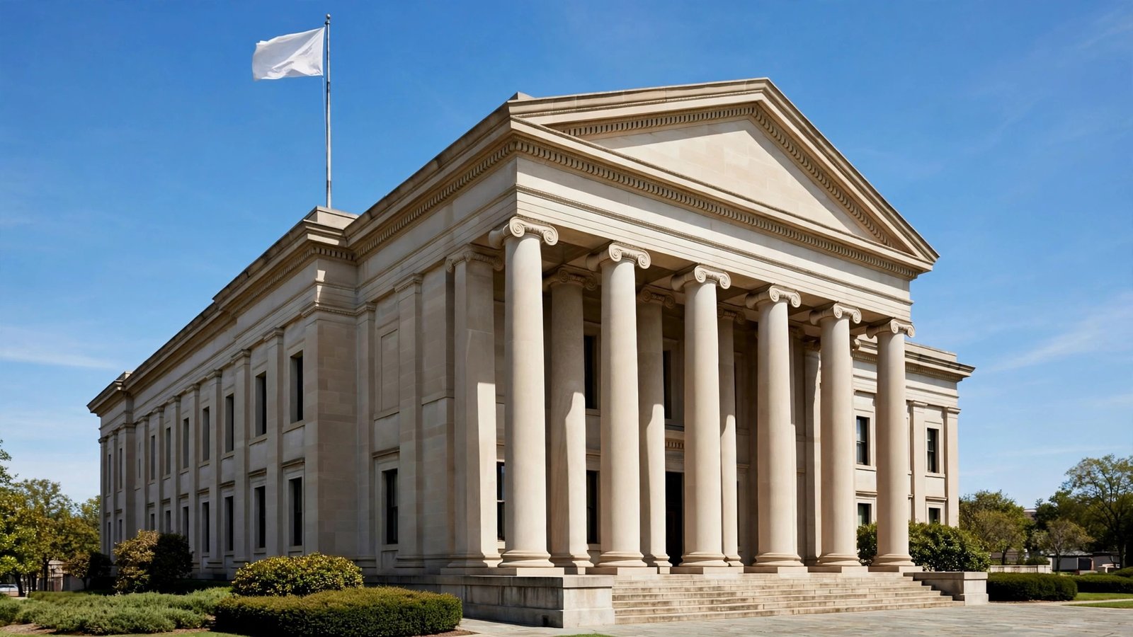 A neoclassical stone government building with tall columns and a plain white flag on a pole