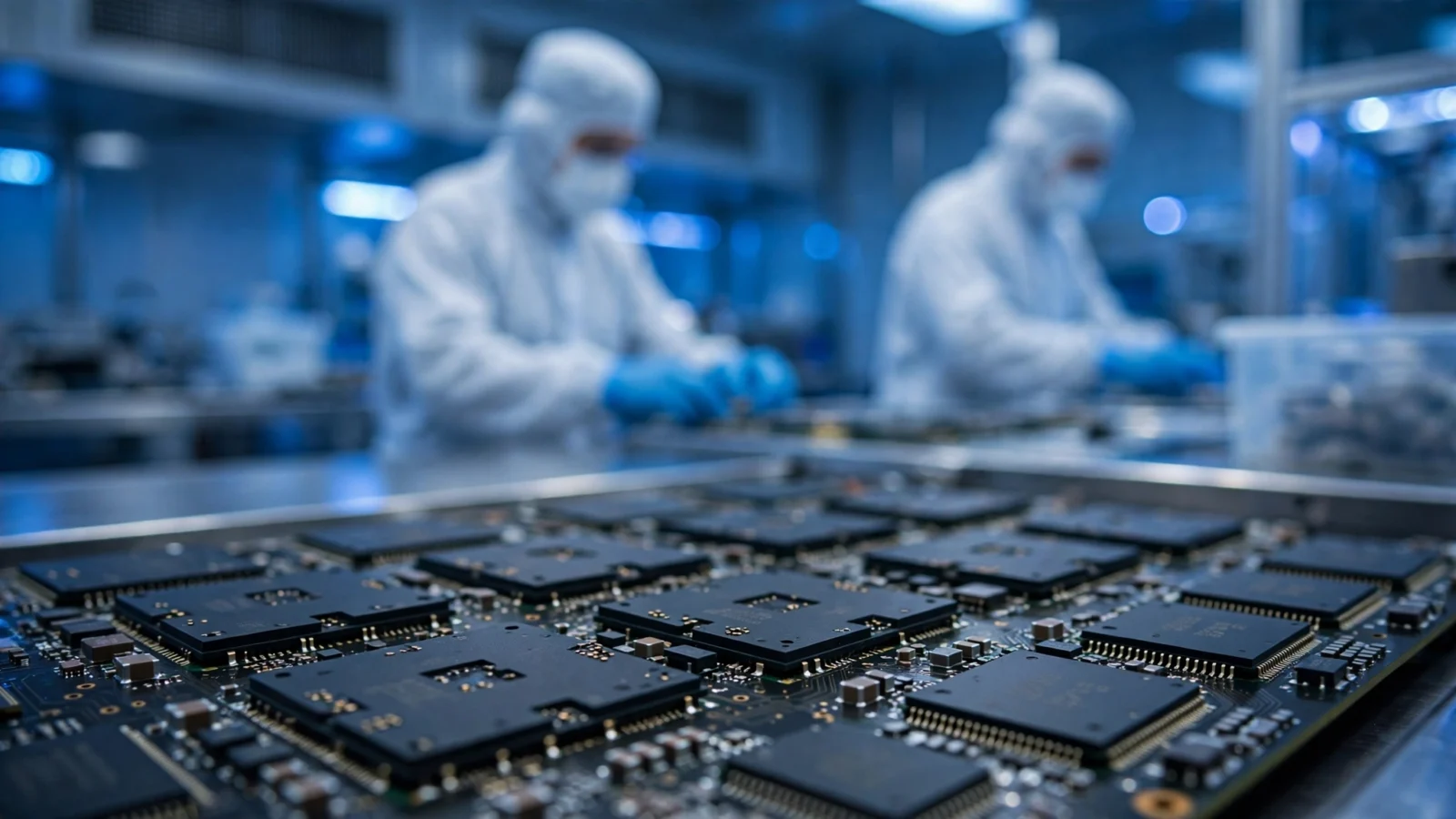Close view of black semiconductor chips on a circuit board with two workers in white cleanroom suits blurred in the background