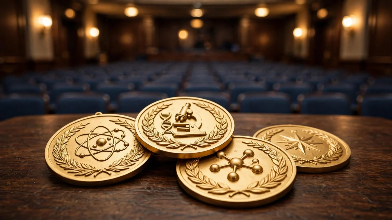 Gold medallions with science symbols resting on a wooden table in a formal auditorium with rows of empty blue seats in the background